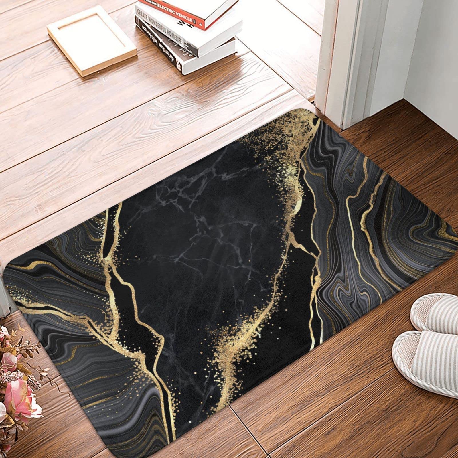 Black And Gold Marble Bath Mats For Bathroom, Soft Absorbent Bath Rug Non-Slip Floor Rug Carpets For Kitchen Bathroom Laundry Be