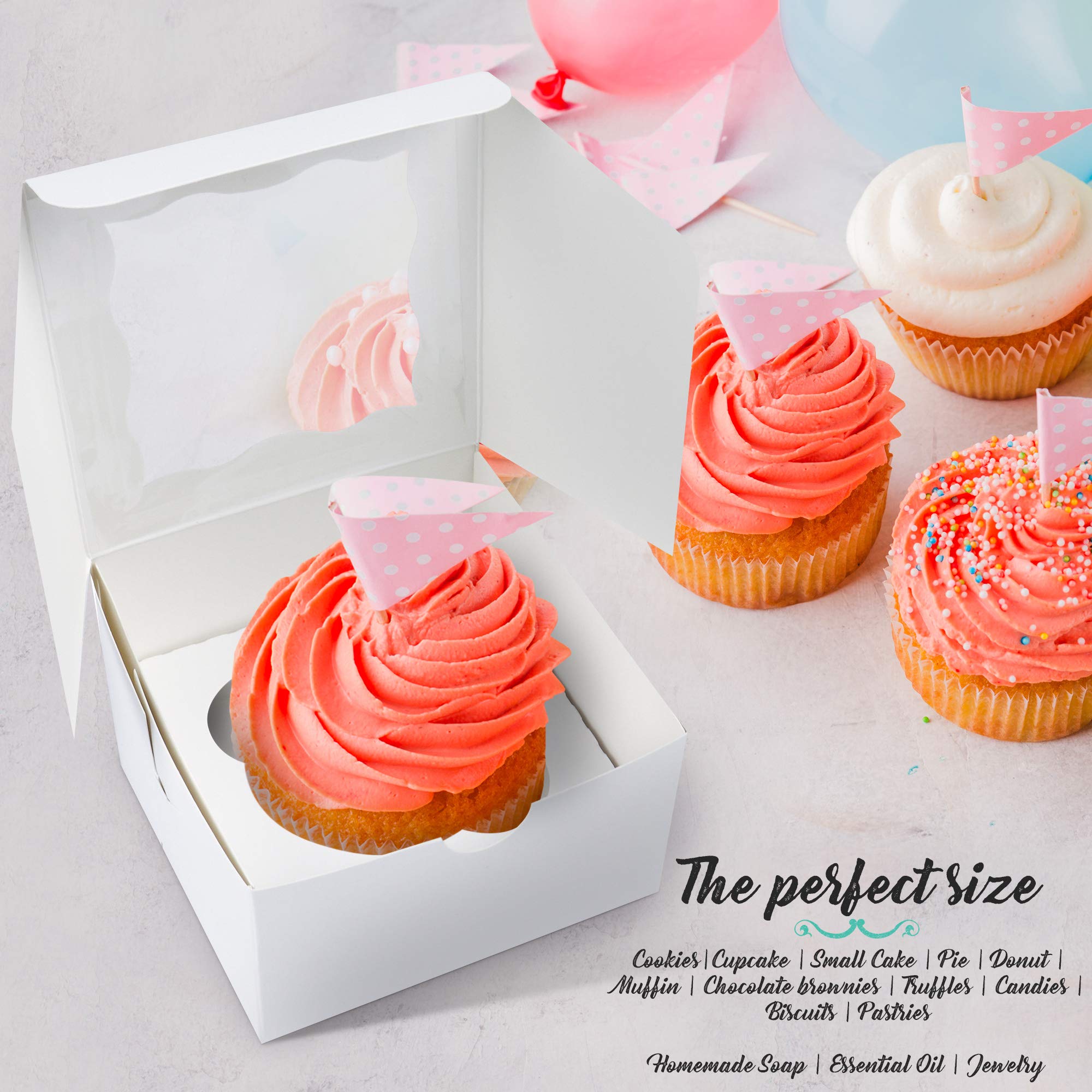[50 Pack] O'Creme Small Bakery Cake Boxes With Window, 4X4X2.5, Cupcakes Donuts Cookies Pastries, For Wedding Treats Party Favor