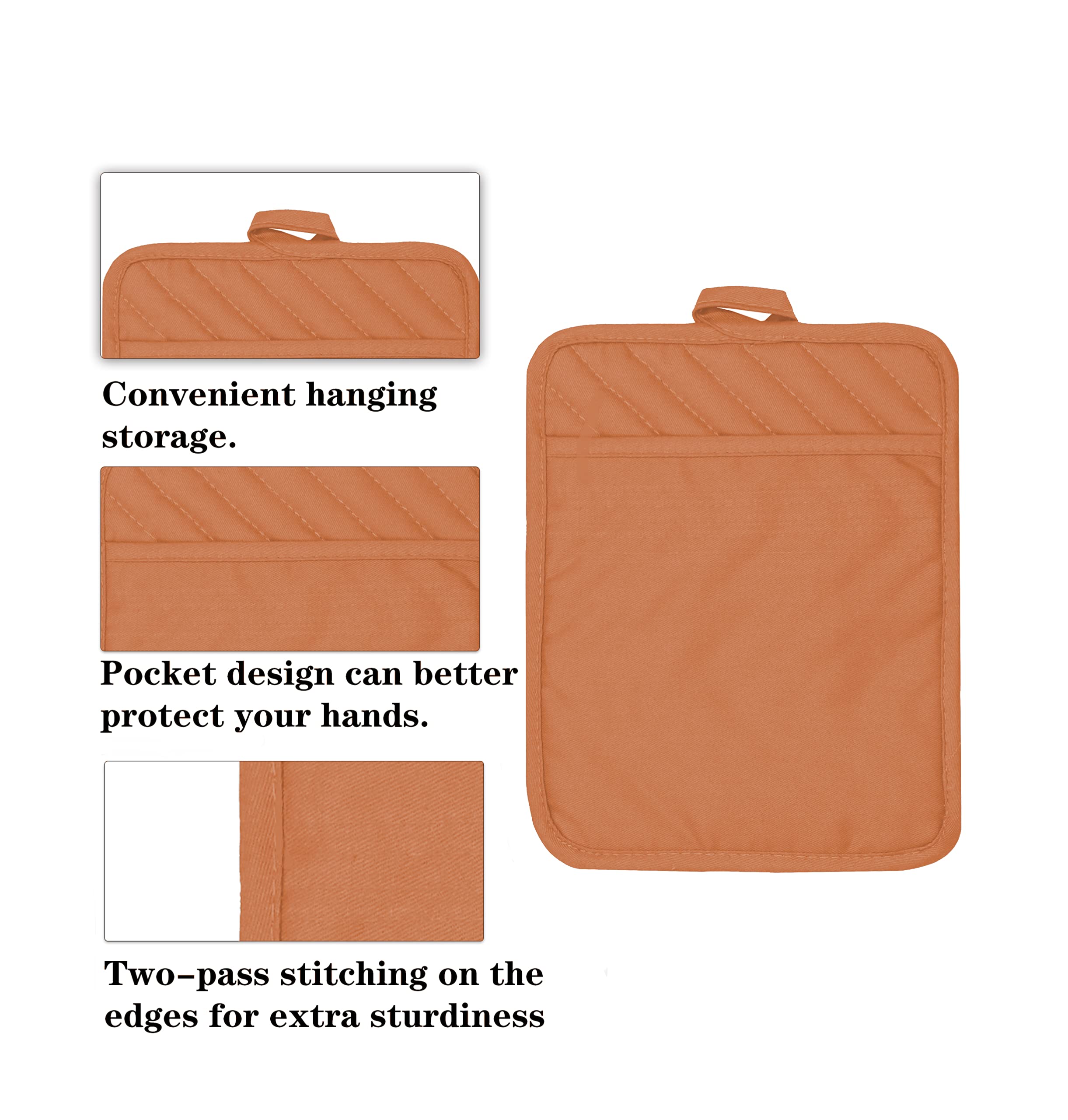 VEIKERY Cotton Pocket Pot Holders Machine Washable Heat Resistant Hot Pads for Kitchen and Baking Square Orange Oven Mitts 7''x9'' Set of 3