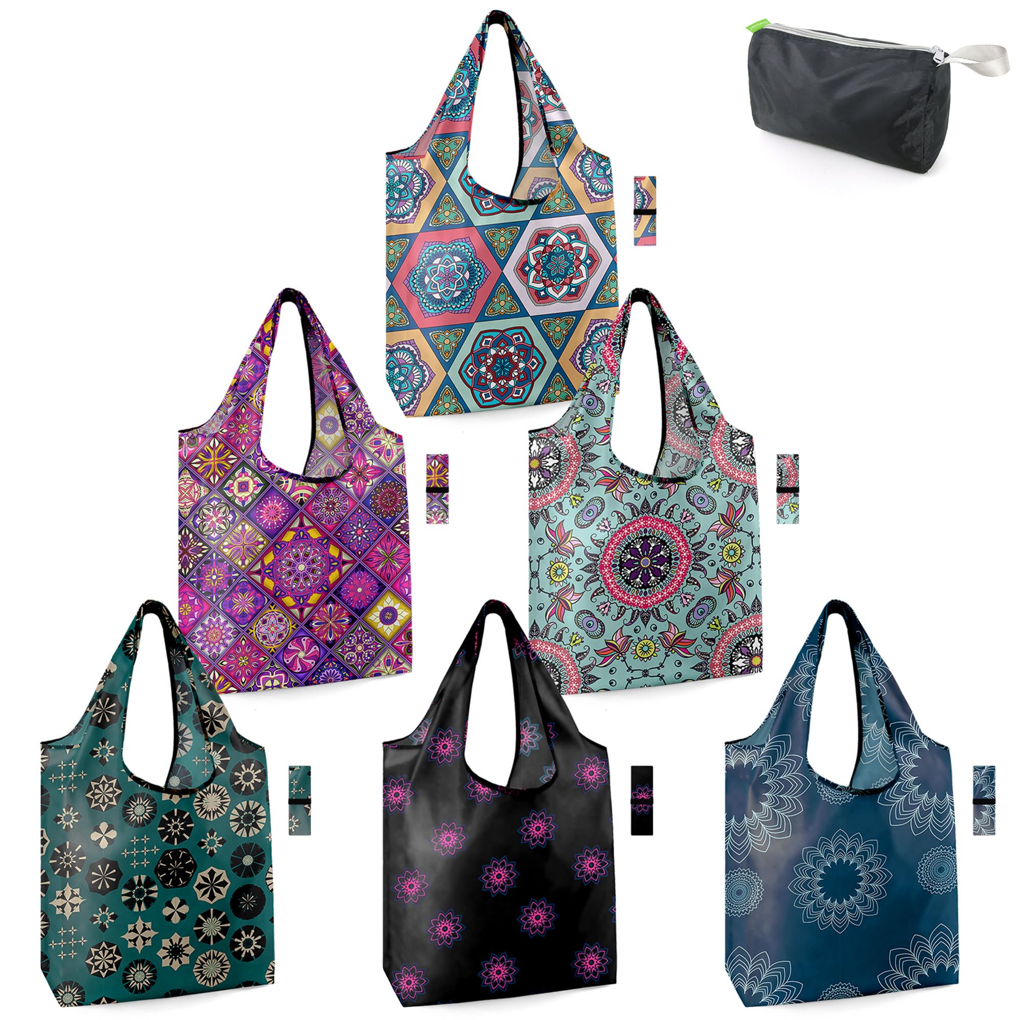 BeeGreen Boho Gifts for Women Geometric Reusable Grocery Bags Mandala Shopping Bags Bulk 6 Pack 50LBS X-Large Foldable-Machine W