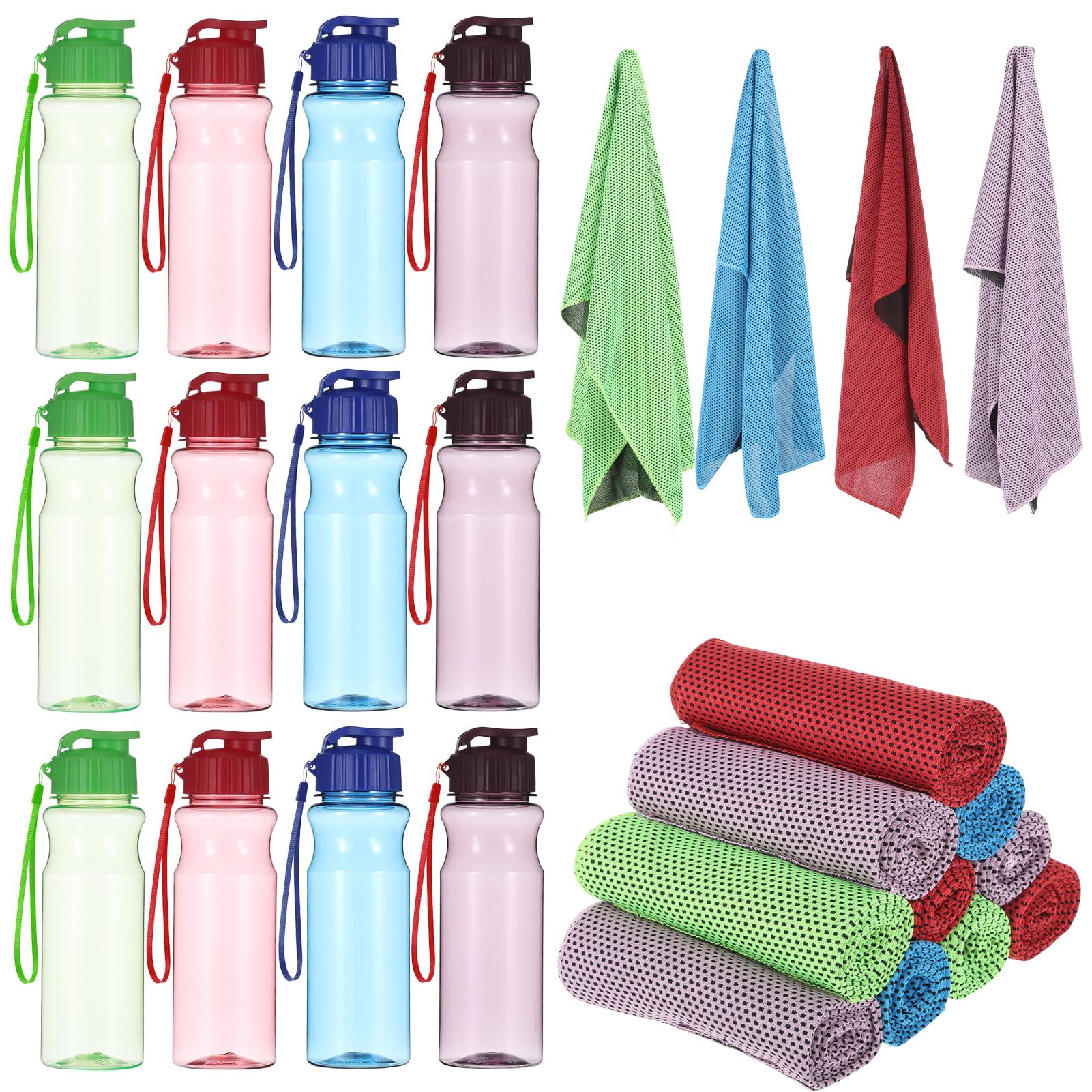 Wenceda 12 Packs Sports Water Bottles with 12 Cooling Towels,17 Ozs Plastic Large Bottles for Fitness Gym Travel,11.8x39 Inches 