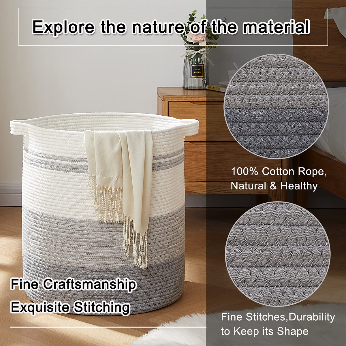 OIAHOMY 80L Laundry Hamper with Handles Decorative Basket for Living room Woven Storage Basket for Toys Bin Pillows  Blankets Clothes-20x18in-Gradient Gray