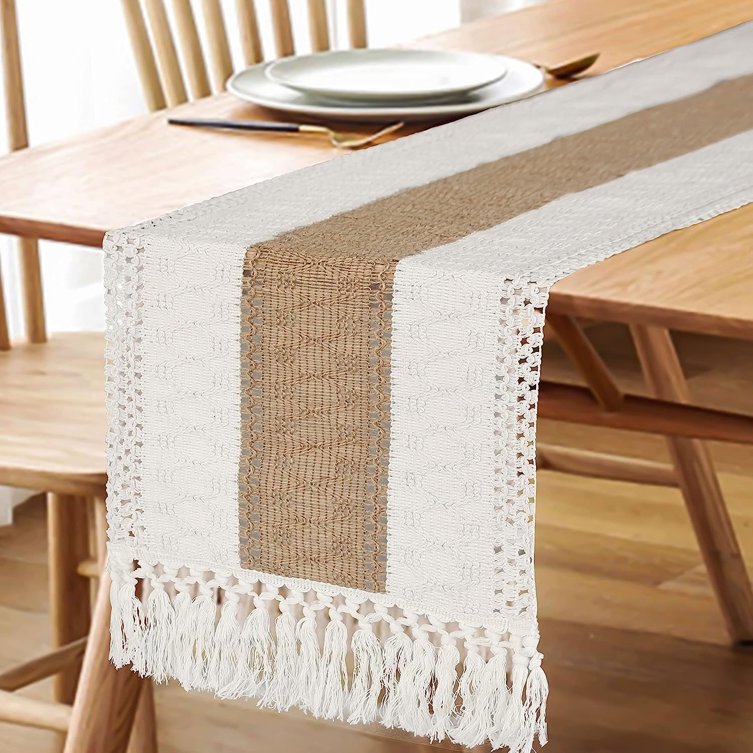 Fexia Boho Table Runner For Summer Home Decor 72 Inches Long Farmhouse Rustic Table Runner Cream & Brown Macrame Burlap Table De