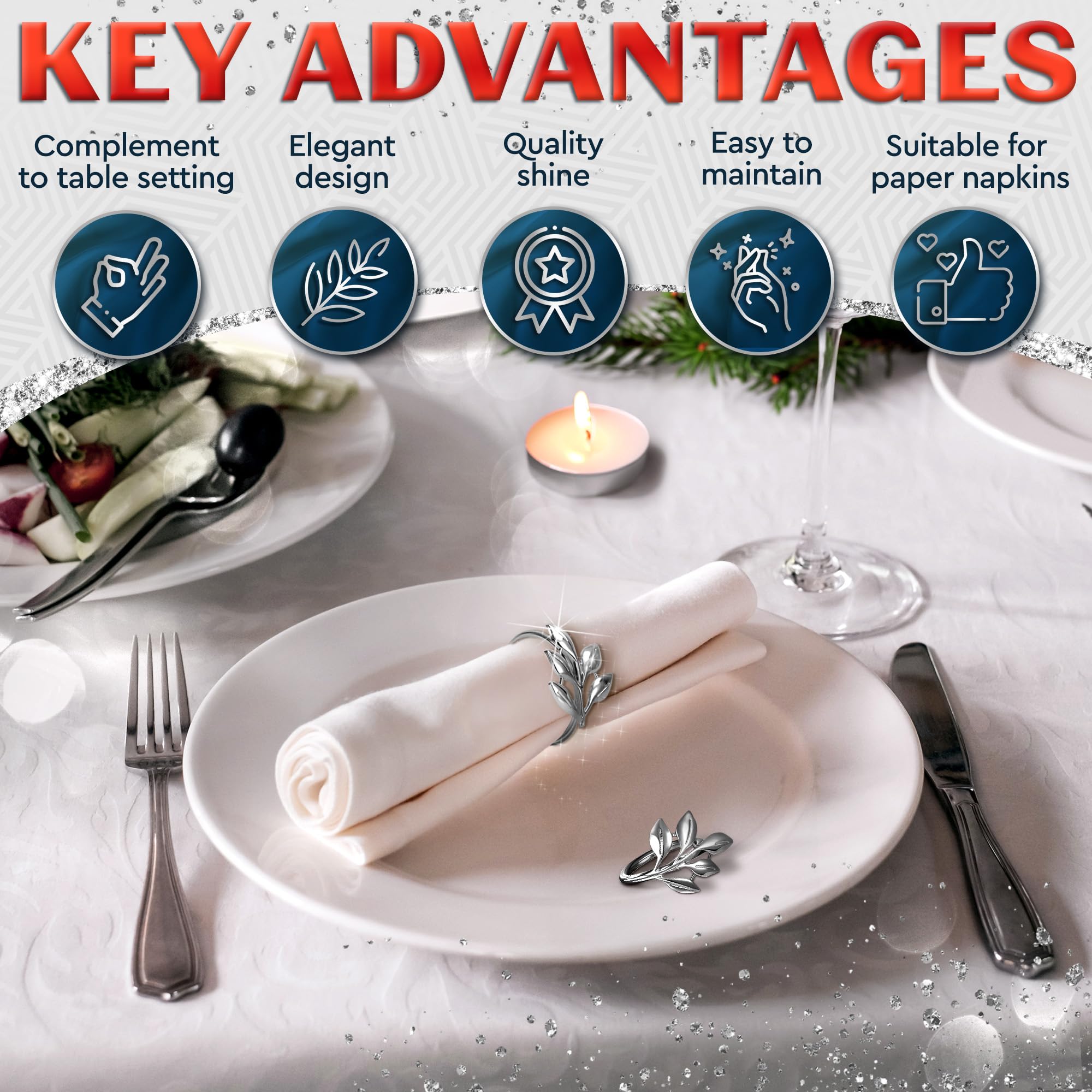 Set Of 20 Silver Napkin Rings - Elegant Leaf Design Table Decor | Stylish For Weddings, Dinner Parties, Womens Day, And Festive