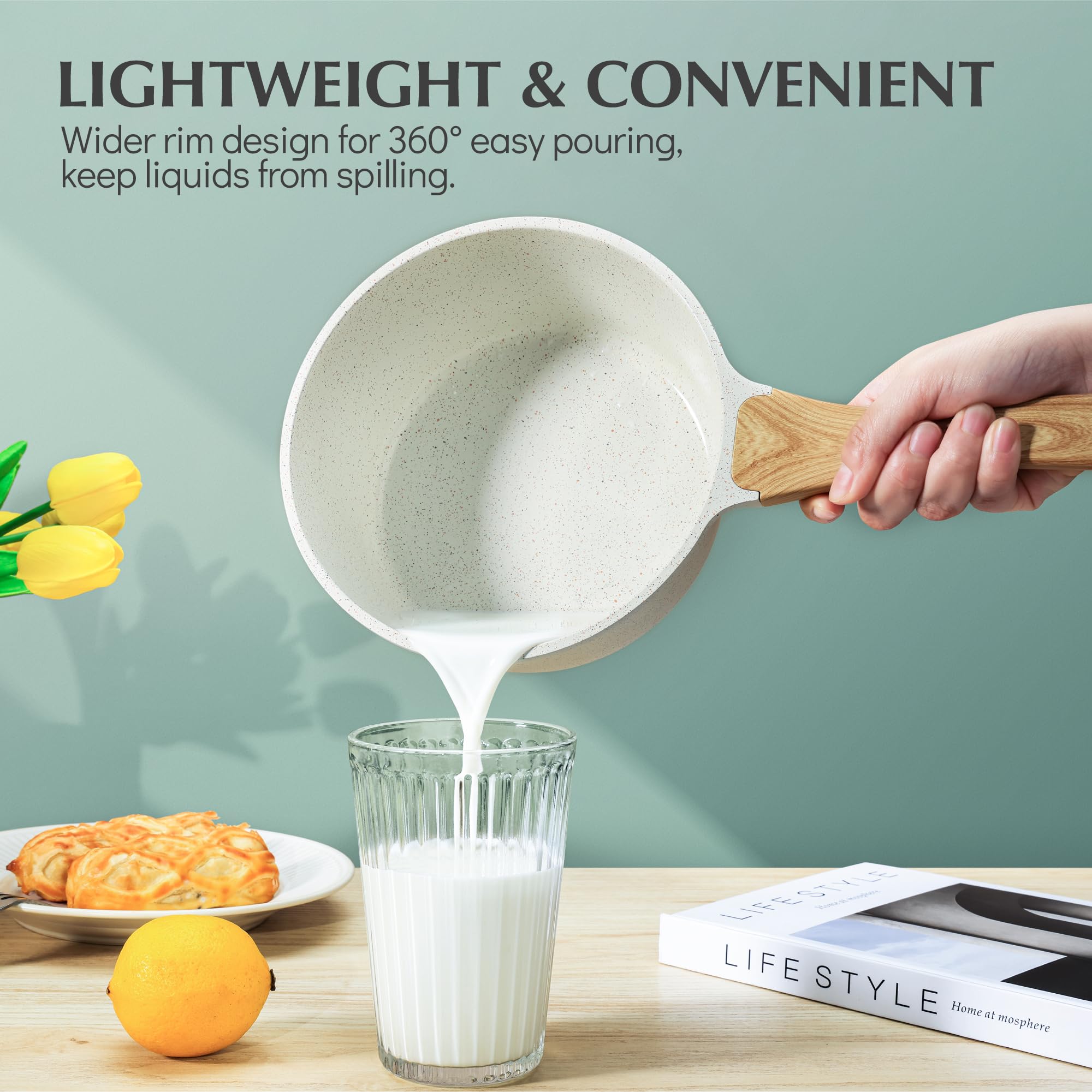 Sensarte White Ceramic Nonstick Saucepan With Lid 2 Qt, Small Cooking Pot With Stay Cool Handle, Induction Compatible Soup Pot,