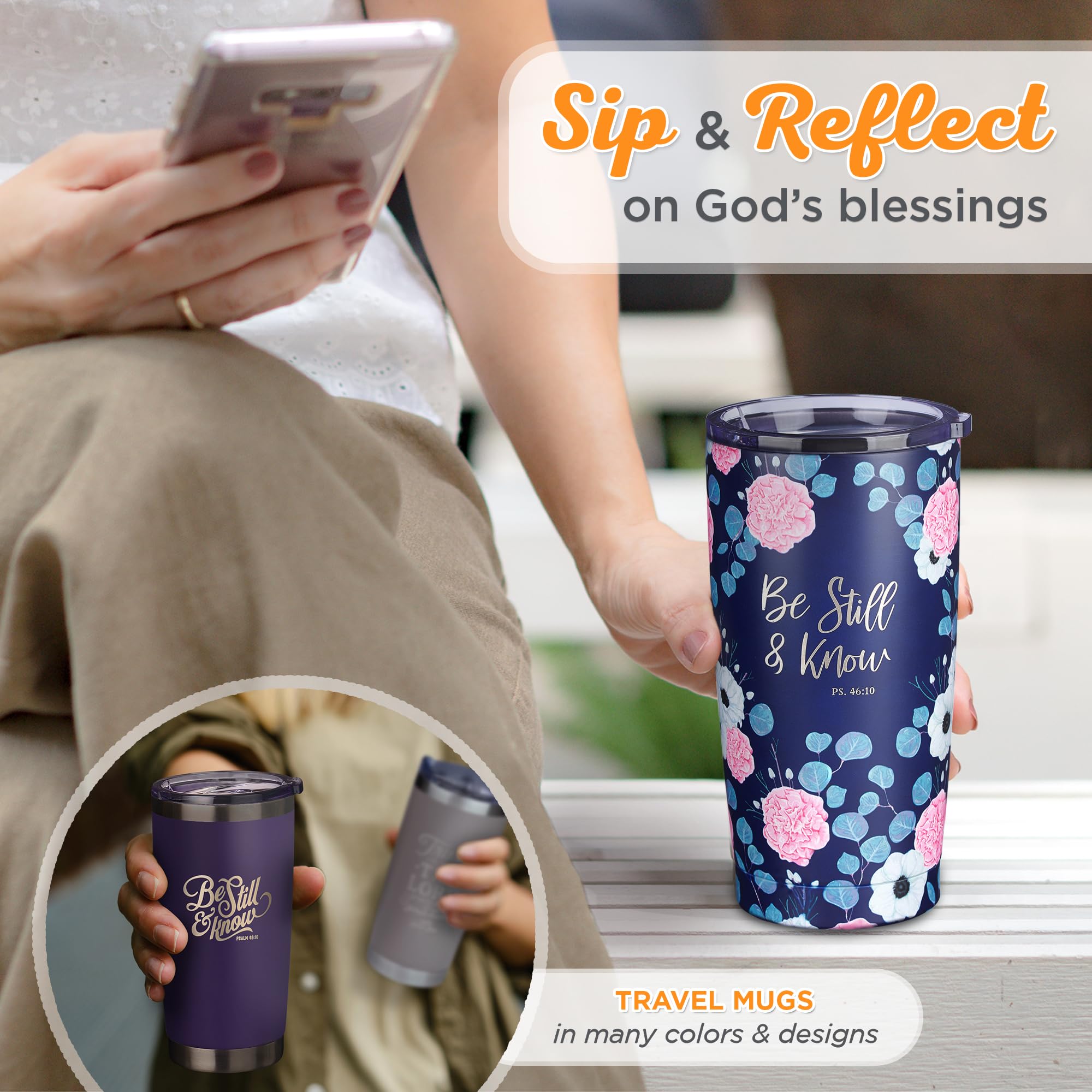 Christian Art Gifts Stainless Steel Double-Wall Vacuum Insulated Travel Mug 18 Oz Navy Blue With Pink Floral Tumbler With Lid Fo