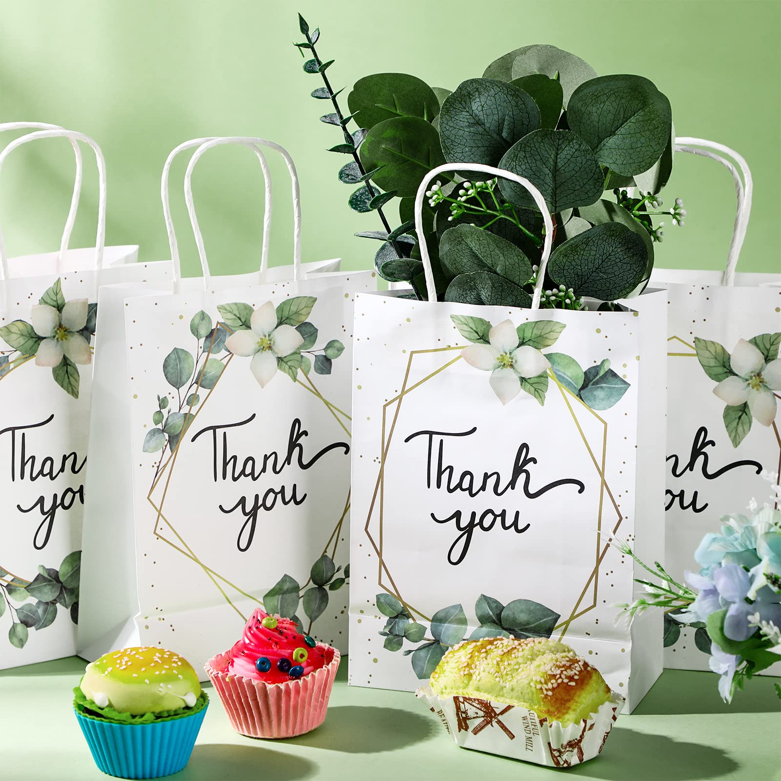 Greenery Eucalyptus Small Thank You Bags Floral Design Paper Gift Bags With Handles Baby Shower Favor Bags Thank You Wedding Bag