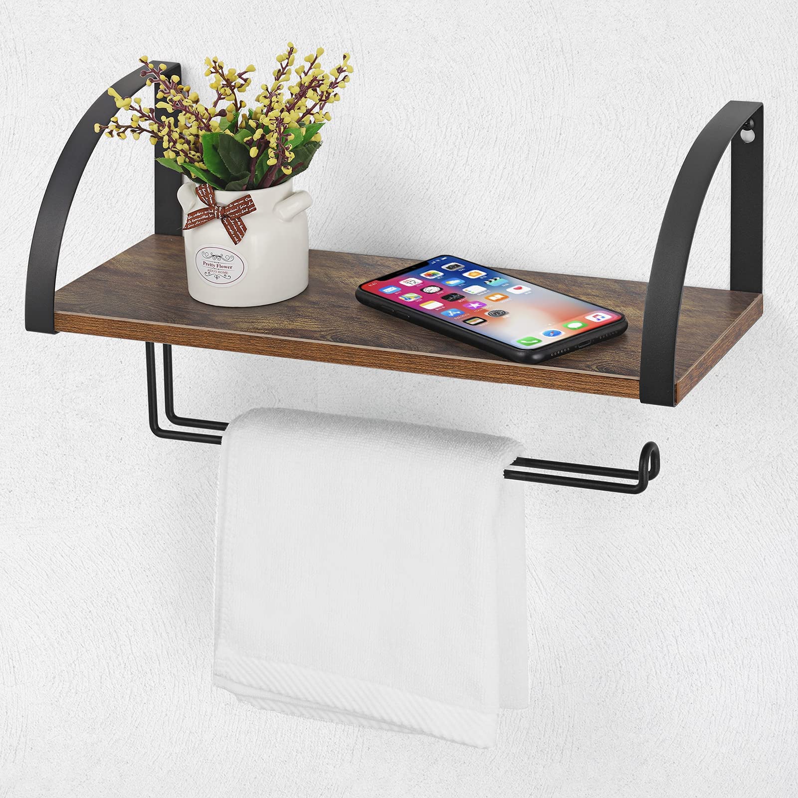 Paper Towel Holder With Shelf Storage, Wall Mount 2-In-1 Kitchen Paper Roll Towel Holder Rustic Farmhouse Under Cabinet Spice Ra