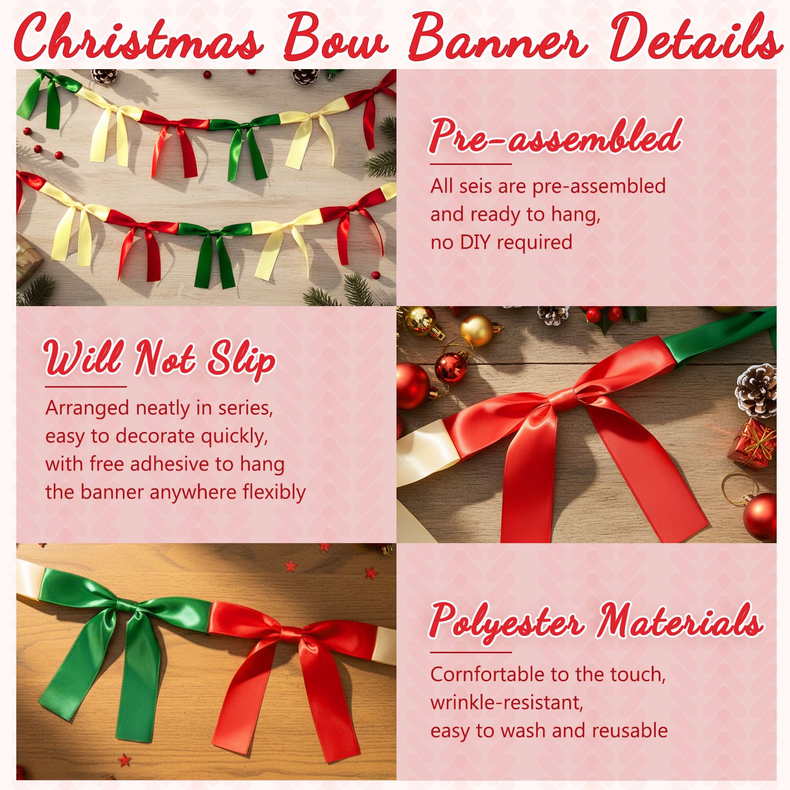 Trandraft 2 Pcs Christmas Bow Garland Banner 16.4 ft Pre-Assembled Red Green Gold Satin Bows Ornaments Xmas Bows Hanging Decors