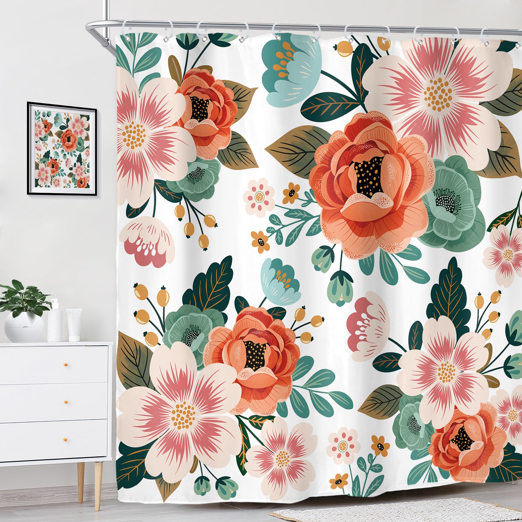 Riyidecor Extra Long Floral 72Wx78H Inch Shower Curtain Set Flower Spring Season Green Leaves Orange Women Bathroom Decor Fabric Panel Polyester Waterproof with 12 Pack Plastic Shower Hooks WW-YHX9