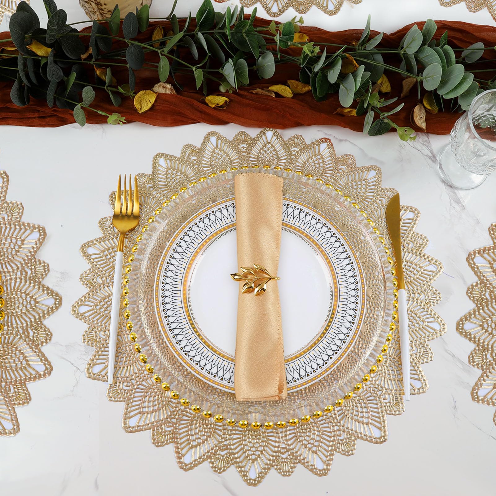 Mabbcoo Gold Round Placemats, Hollow Out Washable And Wipeable Place Mats, Pressed Vinyl Table Mats Set Of 6 For Anniversary Din