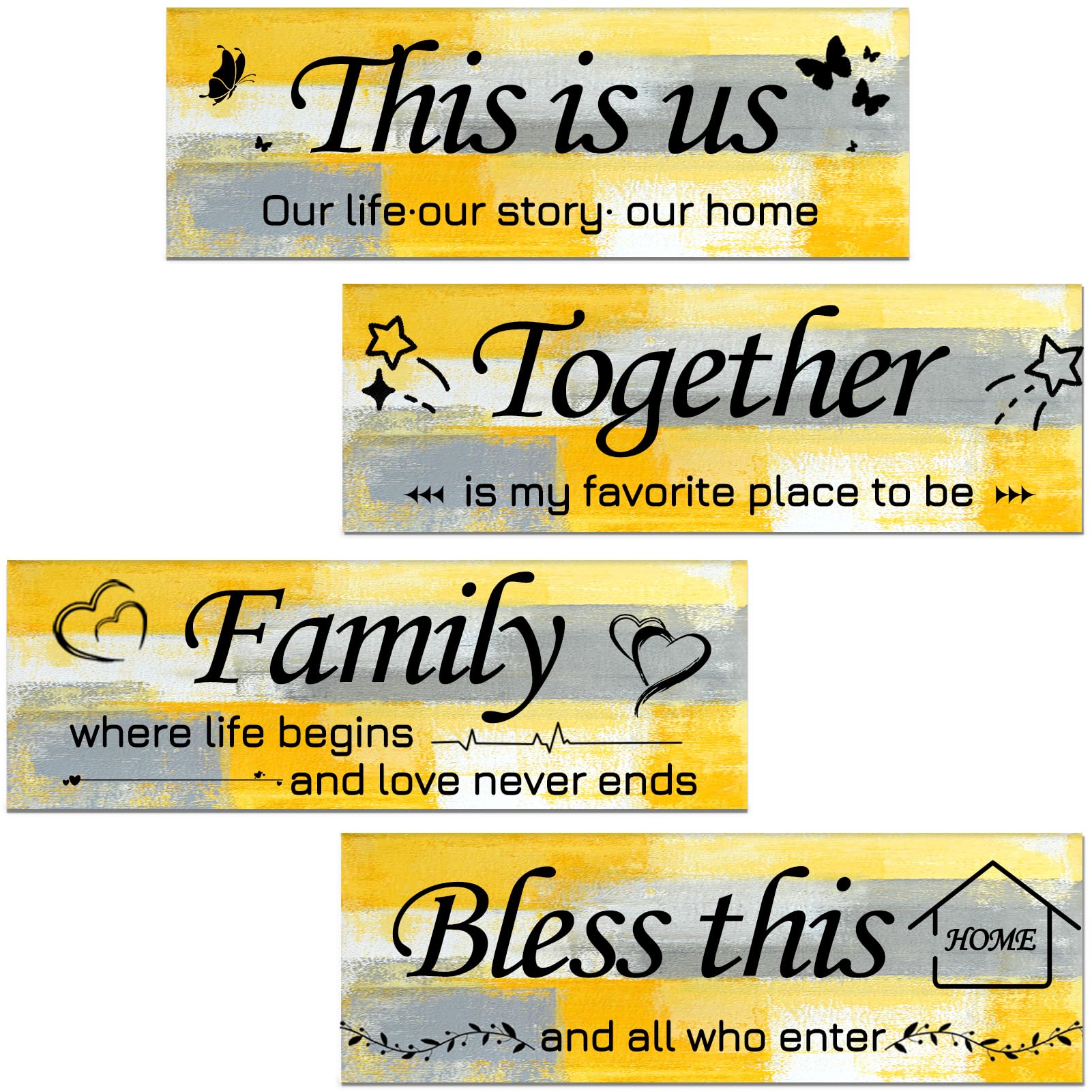 Lnond 4 Pieces Yellow Abstract Living Room Wall Decor, Motivational Home Family Rustic Wall Art Decor for Bedroom Living Room, R