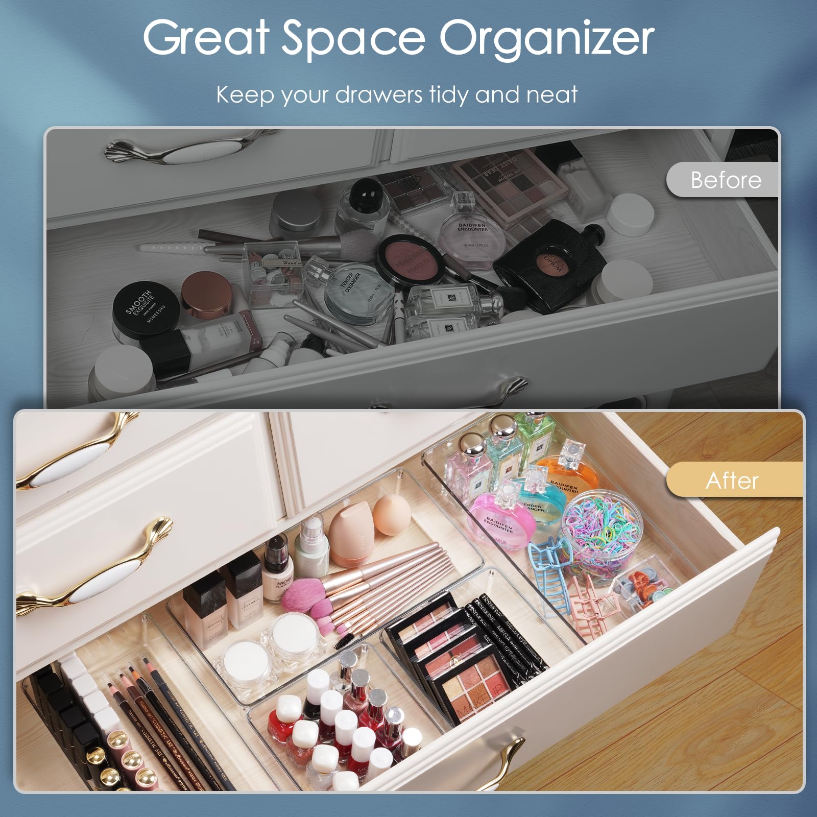 12 Pack Large Clear Plastic Drawer Organizer Set, Acrylic Bathroom Organizer Vanity Trays Dividers, Kitchen Organizers and Stora