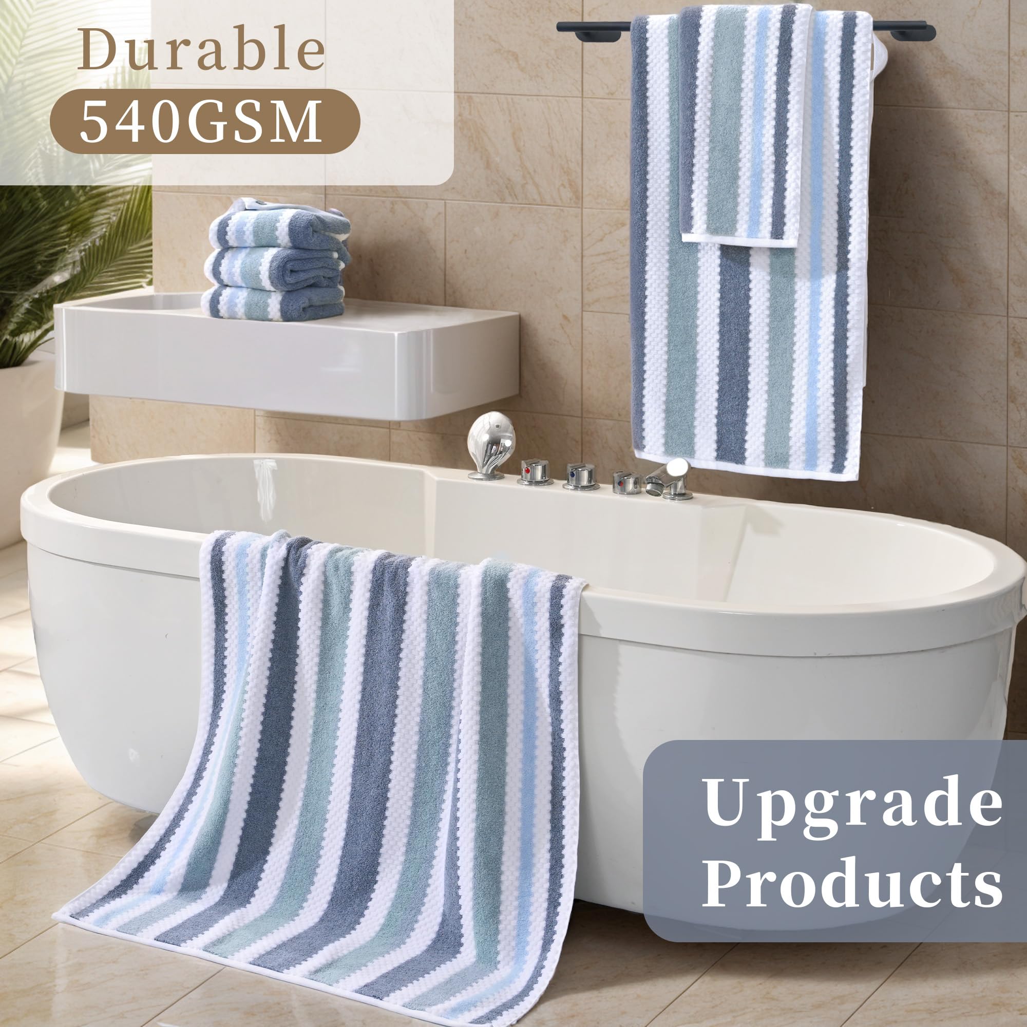 Striped Bath Towels (4Pc, 30''X56'') - Quick Dry | Absorb | Lightweight | 540Gsm | Soft, Cotton Polyester Blend Bath Towels, Dec