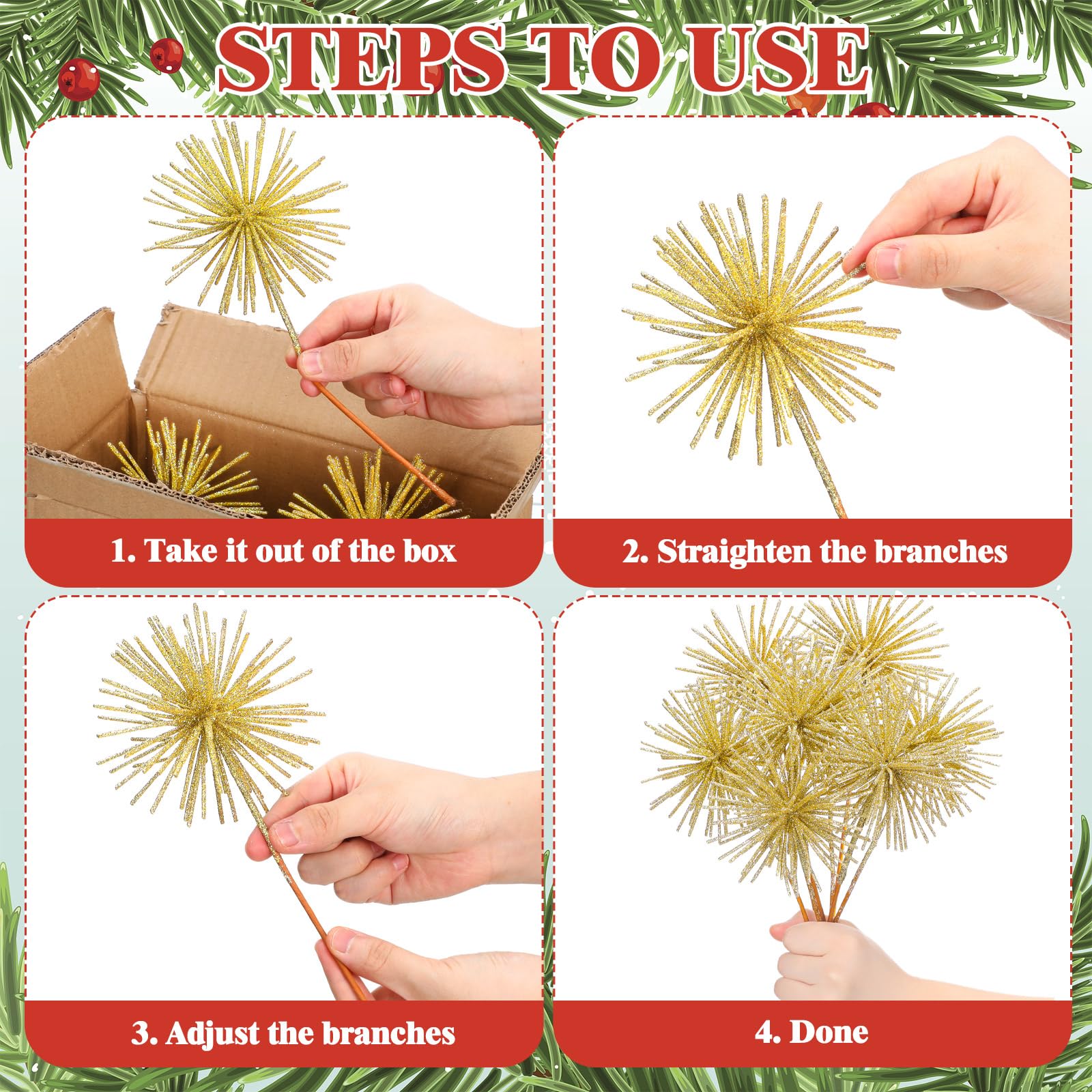 Yalikop 6 Pcs 10 Inch Starburst Christmas Tree Picks Glitter Christmas Star Tree Filler Table Centerpieces for DIY Wreath Crafts