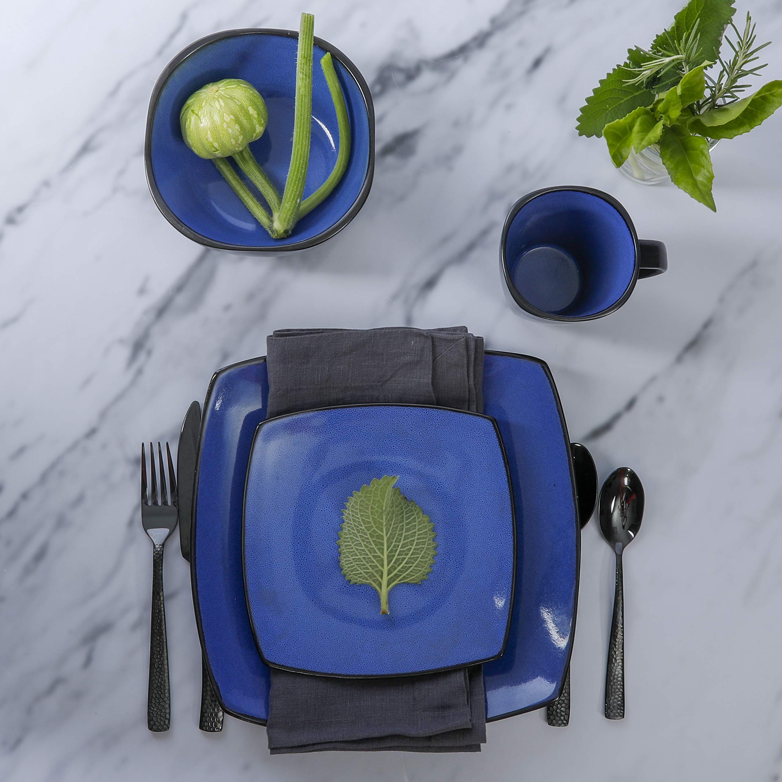 Gibson Soho Lounge Square Reactive Glaze Stoneware Dinnerware Set, Service for 4 (16pc), Sapphire