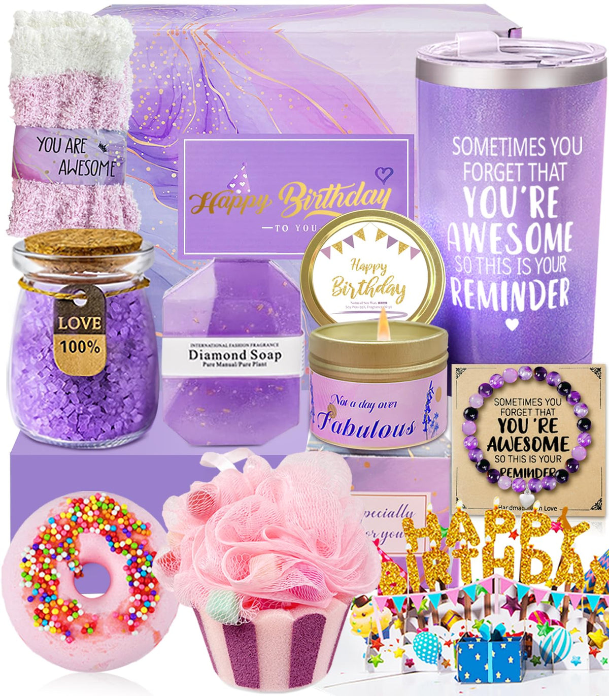 Birthday Gifts for Women, Happy Birthday Relaxing Spa Gifts Basket for Women, Purple Gift Box Set for Mom Sister Female Friends