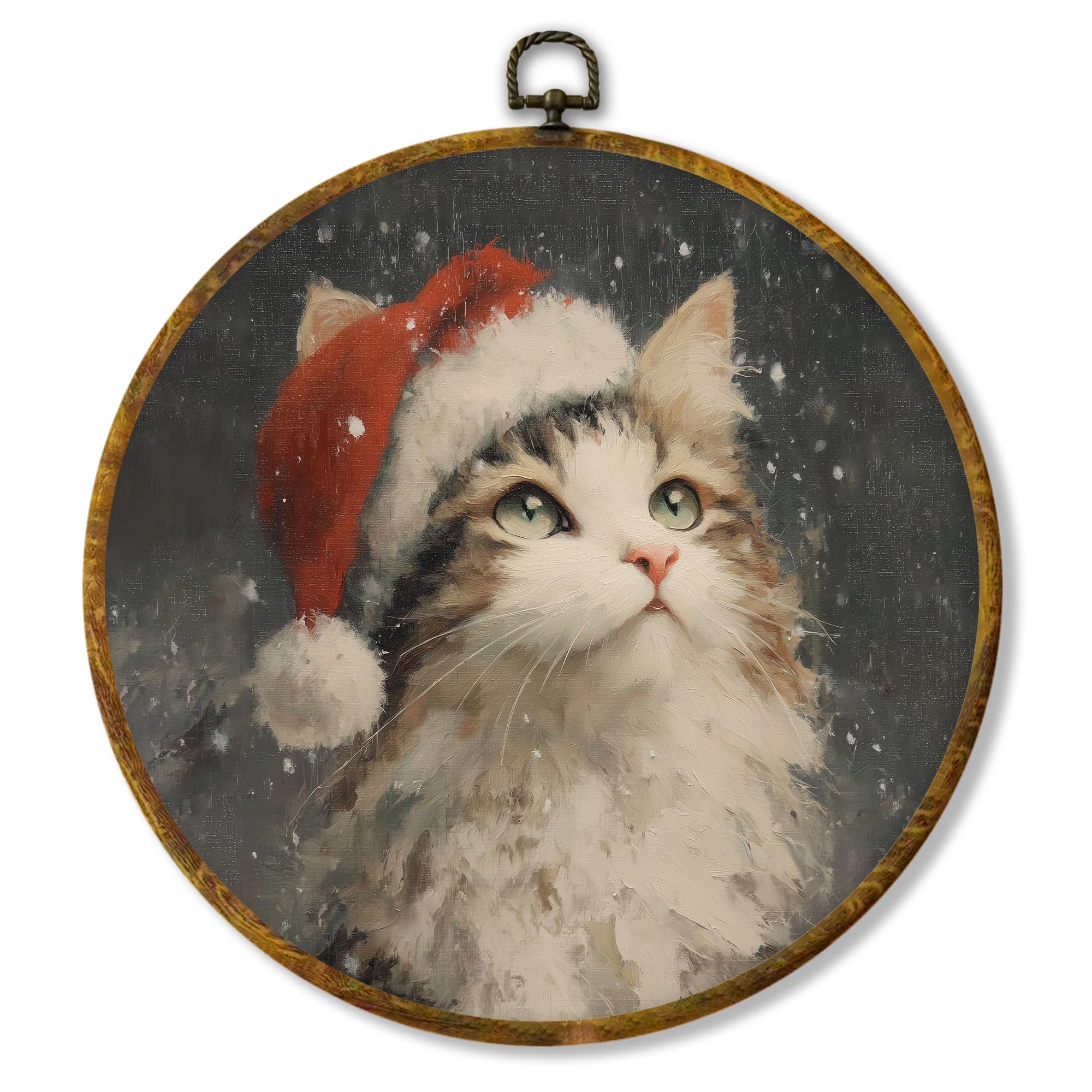 Hiuwevt Moody Christmas Cat Round Wall Art Decor, Rustic Winter Christmas Santa Animals Framed Canvas Prints, Farmhouse Xmas Rou
