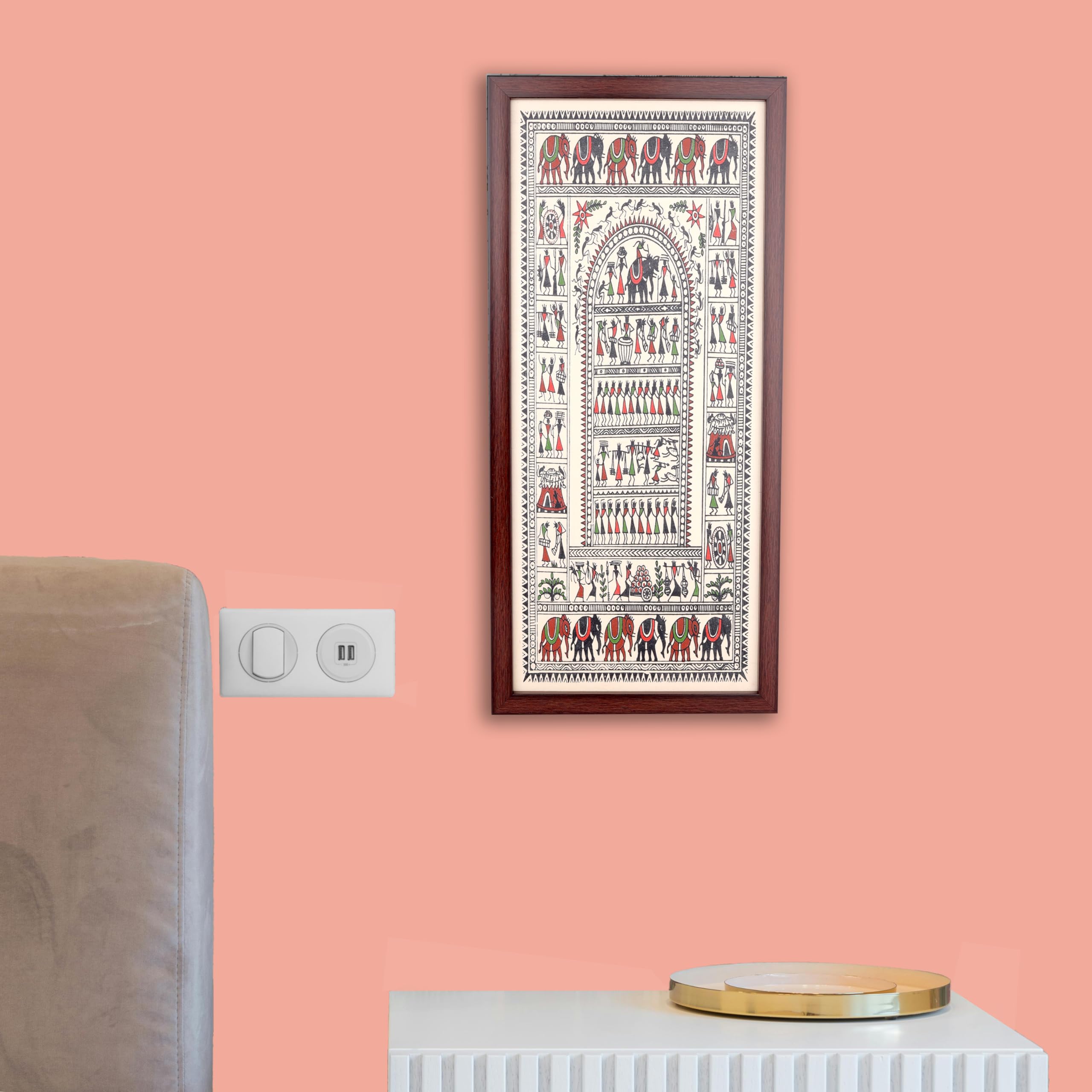 Bhumee Creations Hand Printed Brown Saura Tribal Painting On Tussar Silk | Framed Artwork | Size 22 Inches X 10 Inches