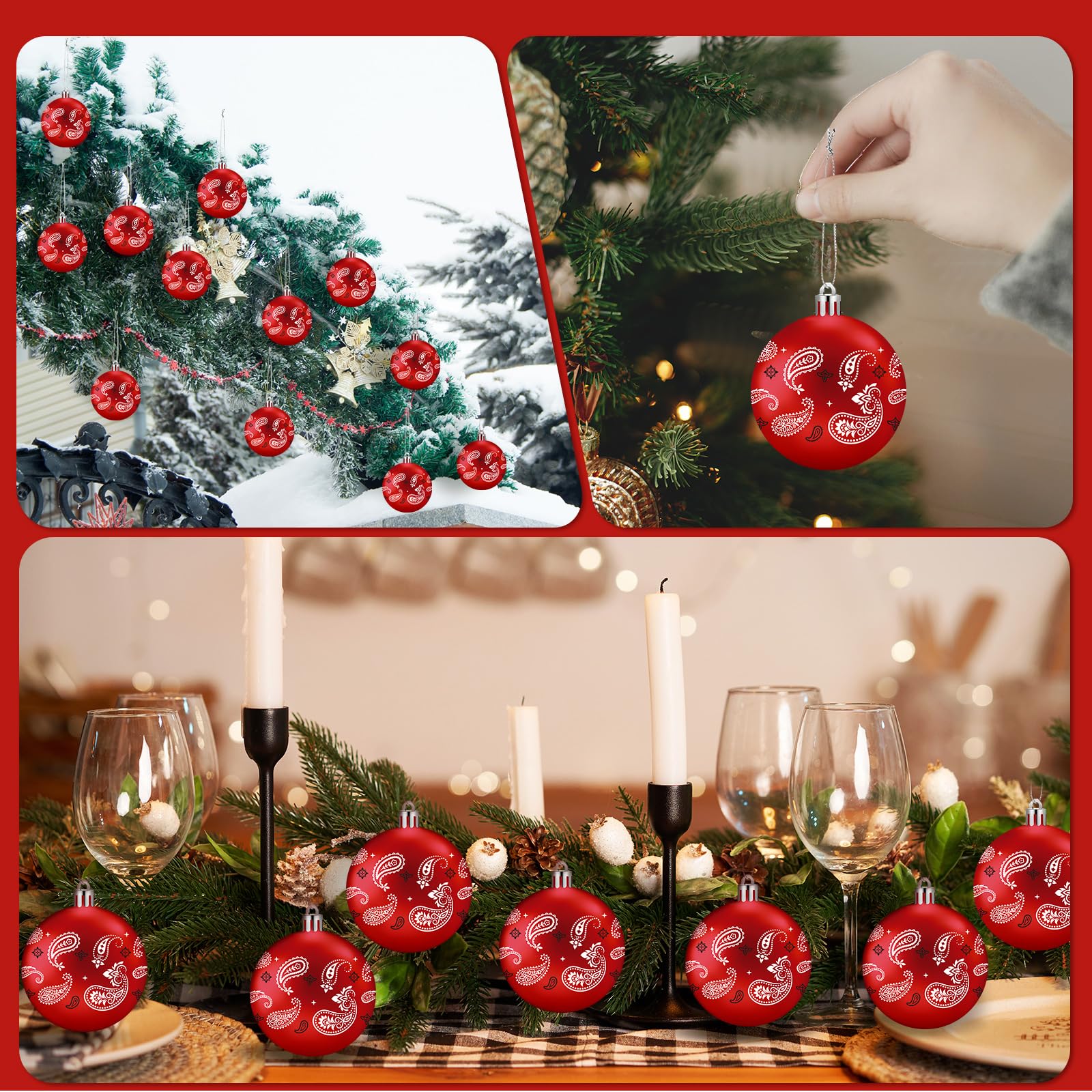 Halloscume 24 Pcs Western Christmas Tree Ornament Paisley Cowboy Bandana Printed Christmas Ball Ornaments Country Western Party