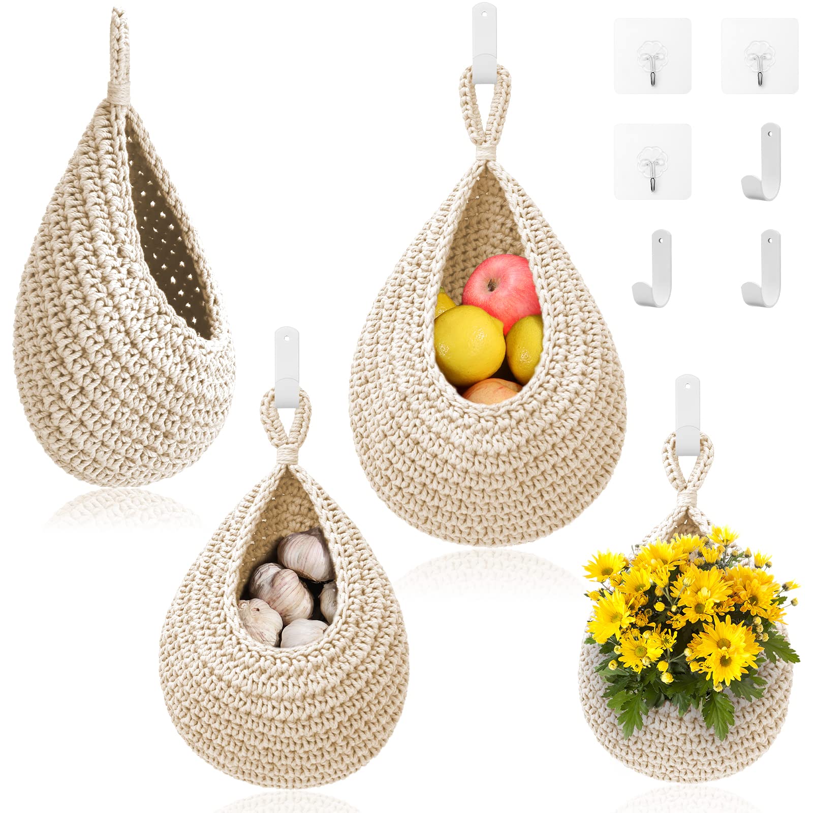 Hanging Fruit Baskets For Kitchen - 3 Pack Boho Wall Hanging Basket With 6 Pcs Strong Hooks, Handwoven Hanging Holder Teardrop H