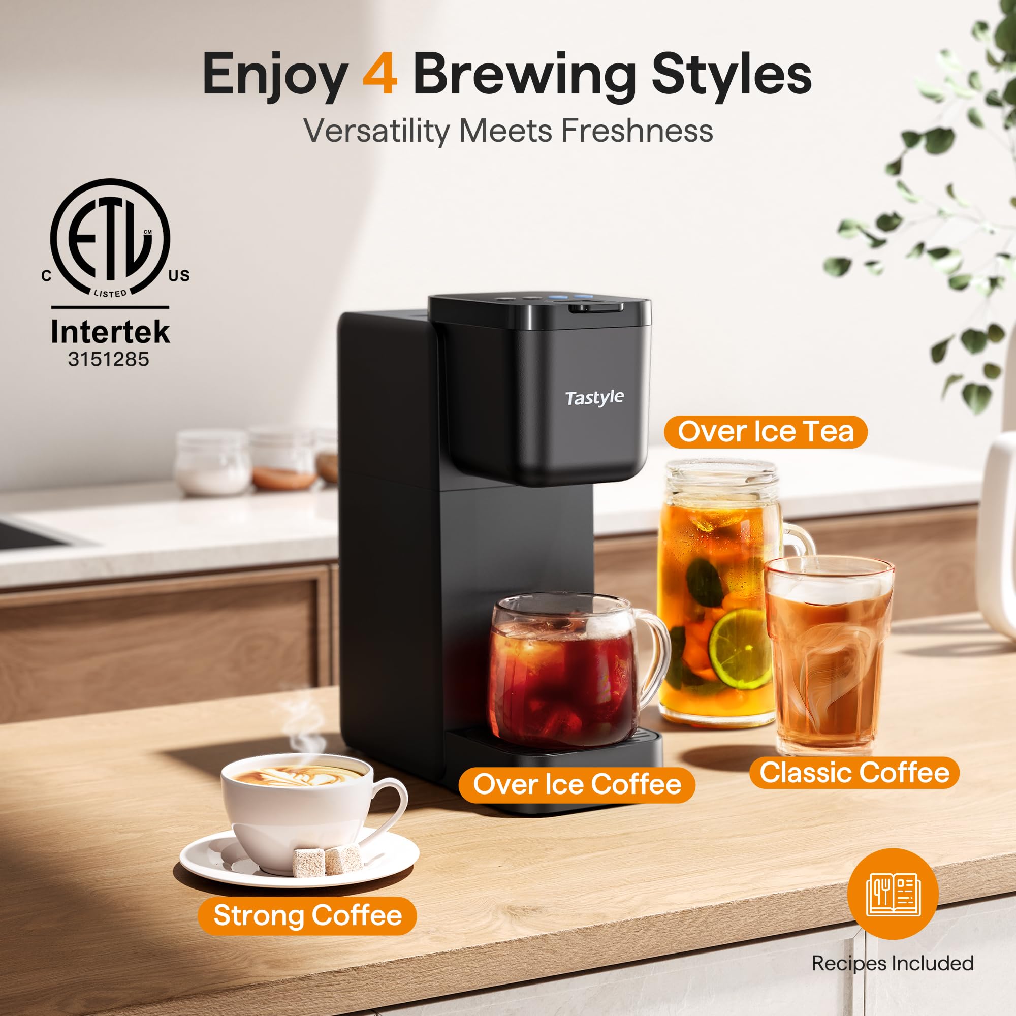 Tastyle Coffee and Tea Maker with 4 Brew Styles, 3 in 1 Single Serve Brewer for K Cup, Grounds & Tea, Cream