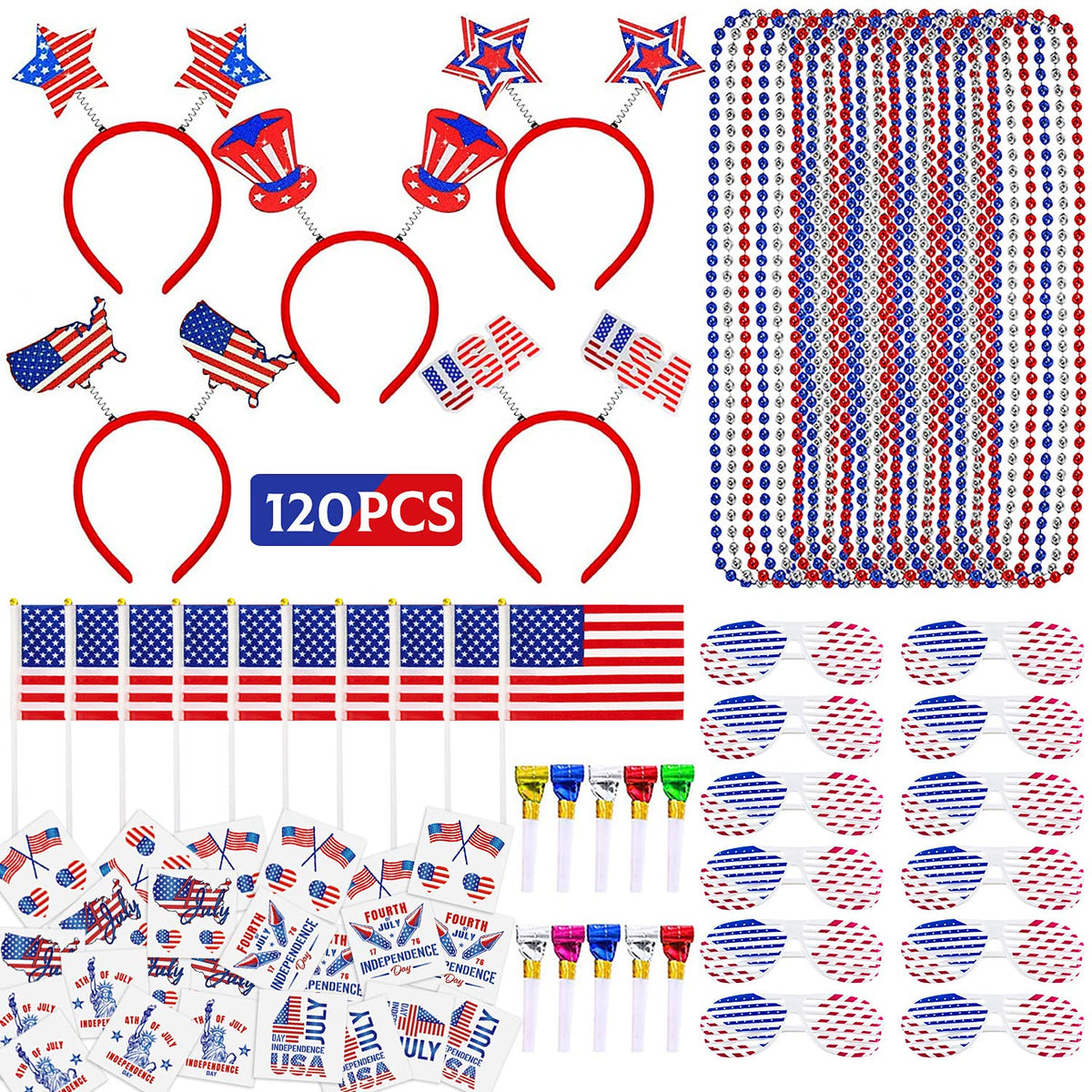 Movinpe 120 Pcs Patriotic Party Favors, 4Th Of July Accessories Headbands, Shutter Shades Glasses, Beaded Necklaces, Hand Held U