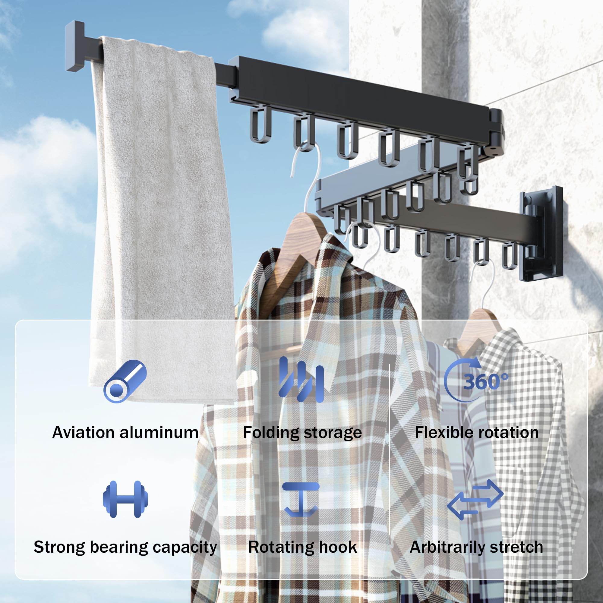 HEILAIYI Clothes Drying Rack Laundry Drying Rack Wall Mounted Clothes Rack Laundry Rack Wall Mount Folding Retractable Collapsible Drying Rack Clothing (Three-Poles Loop Shape Hooks)