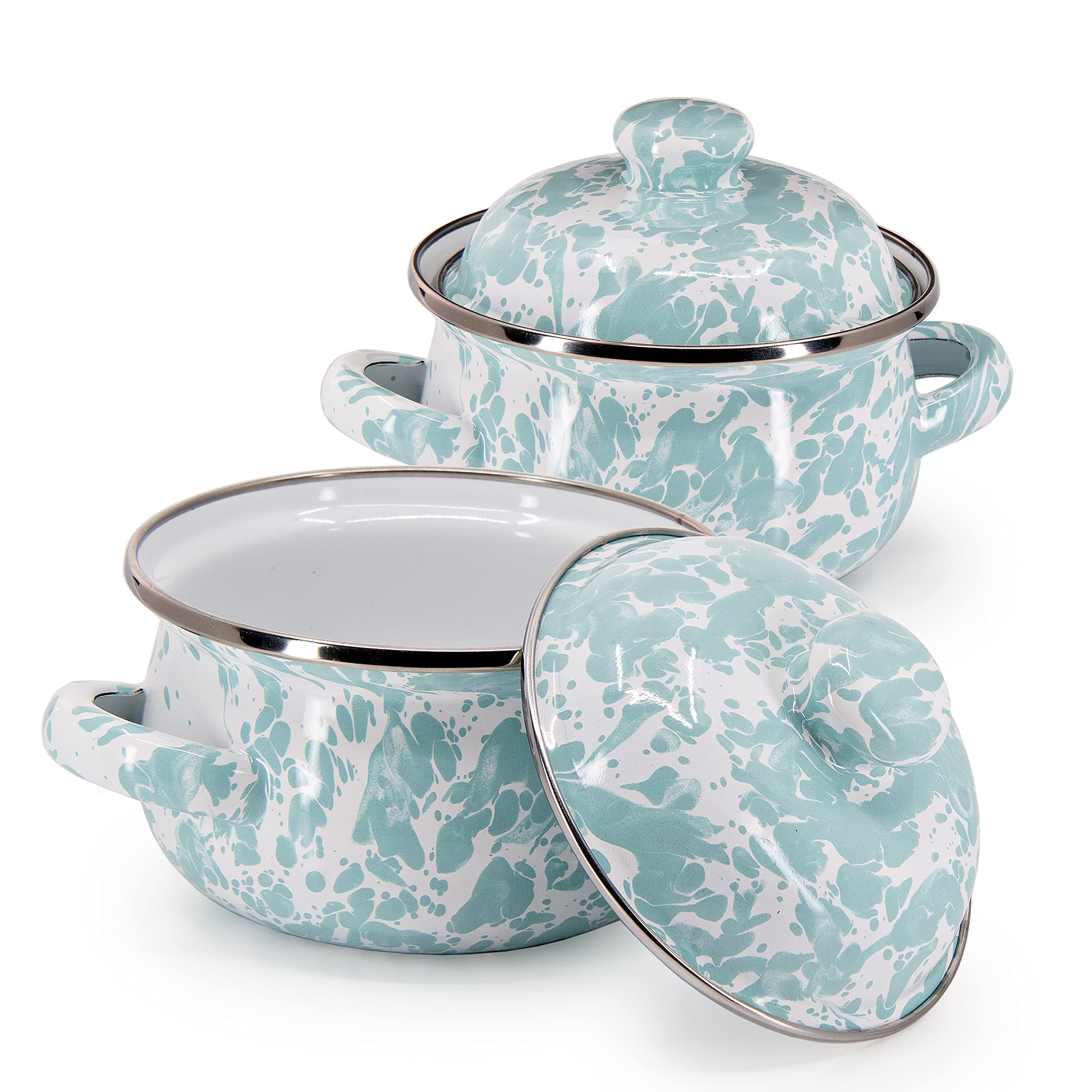 Golden Rabbit Enamelware Petite Tureens Pots, 16 ounce, Sea Glass, Set of 2