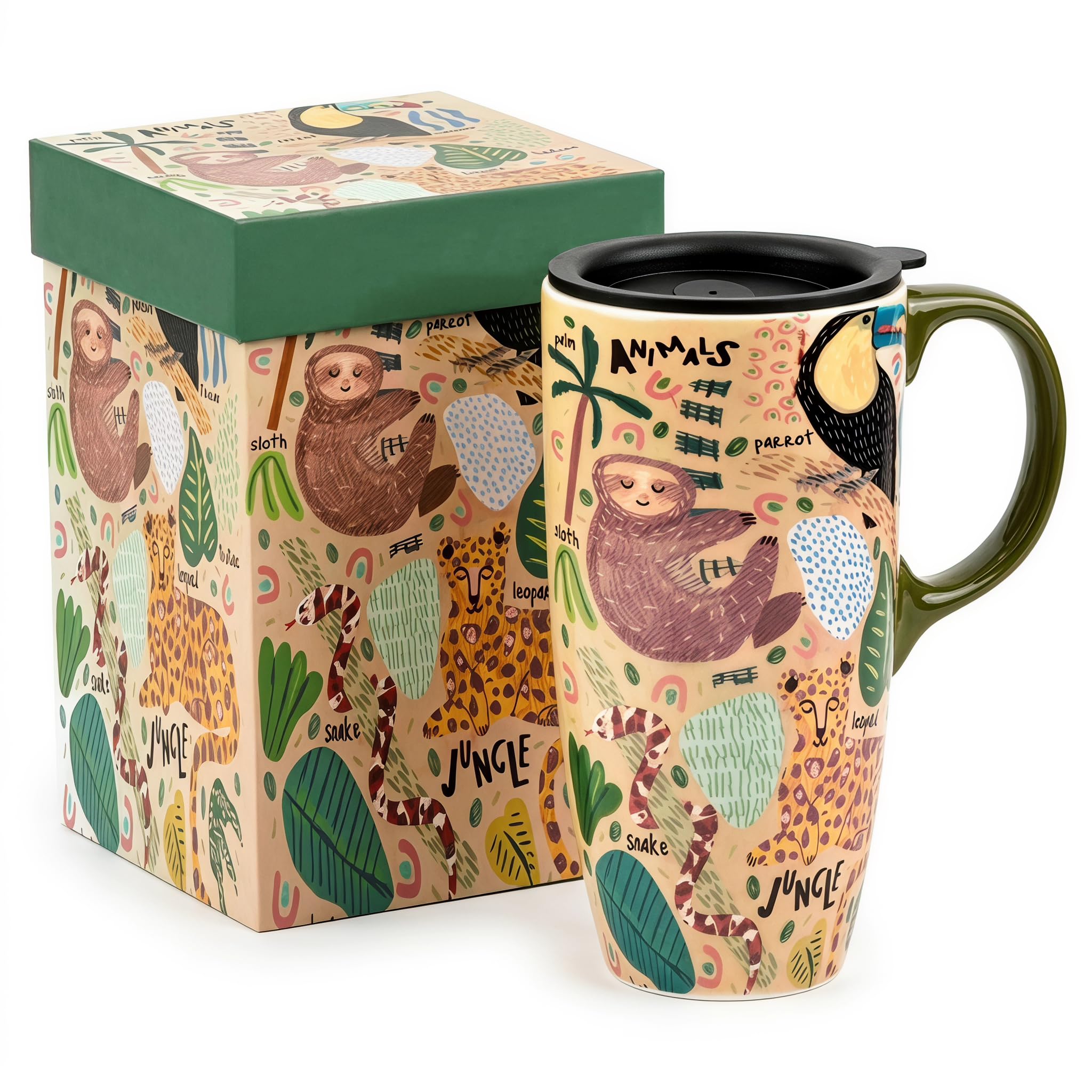Topadorn 17oz Ceramic Travel Mug with Lid, Sloth Jungle Animal Mug