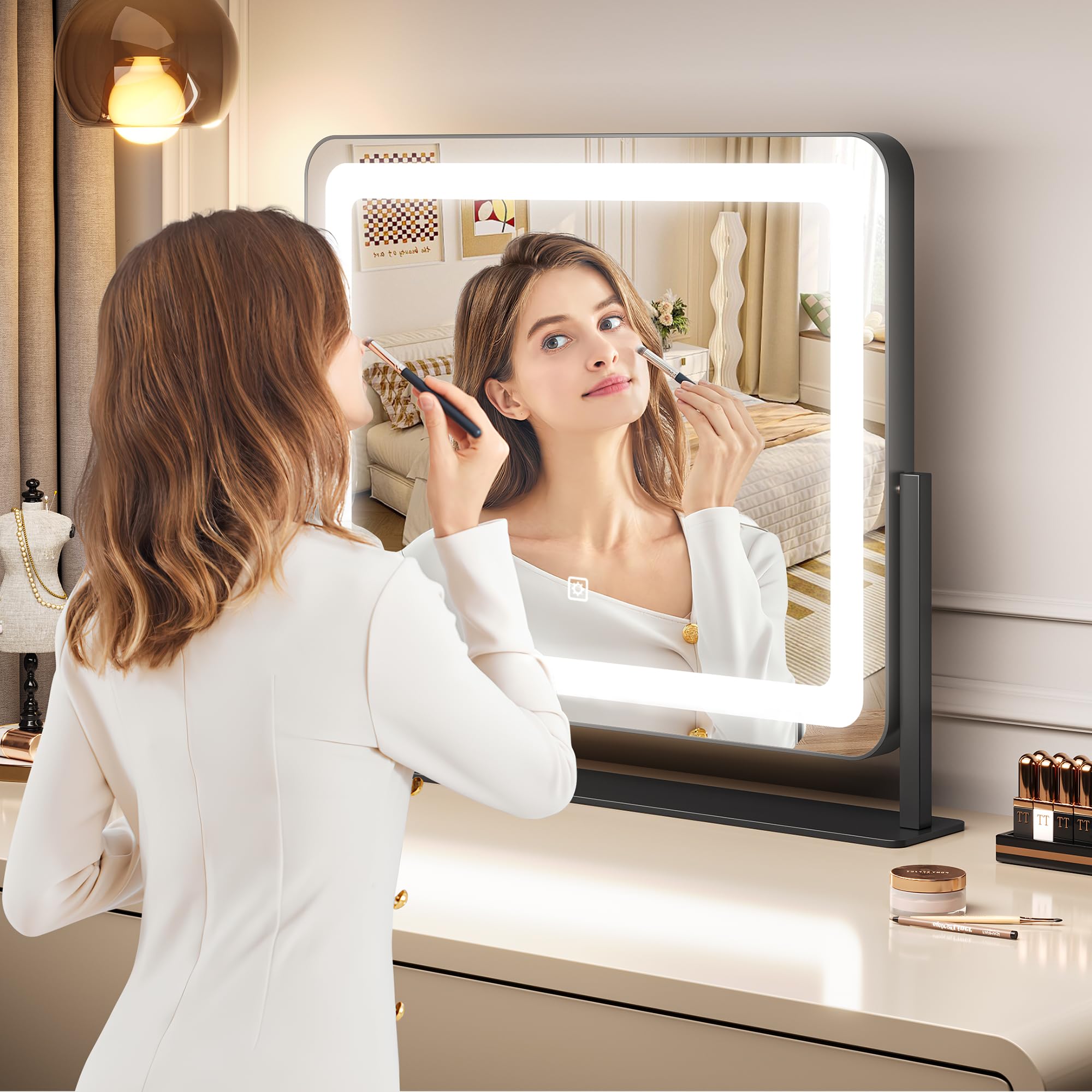 19.6X15.7 Vanity Mirror With Lights, Large Lighted Mirror, Led Makeup Mirror With 3-Color Dimmable Modes And Smart Touch Control