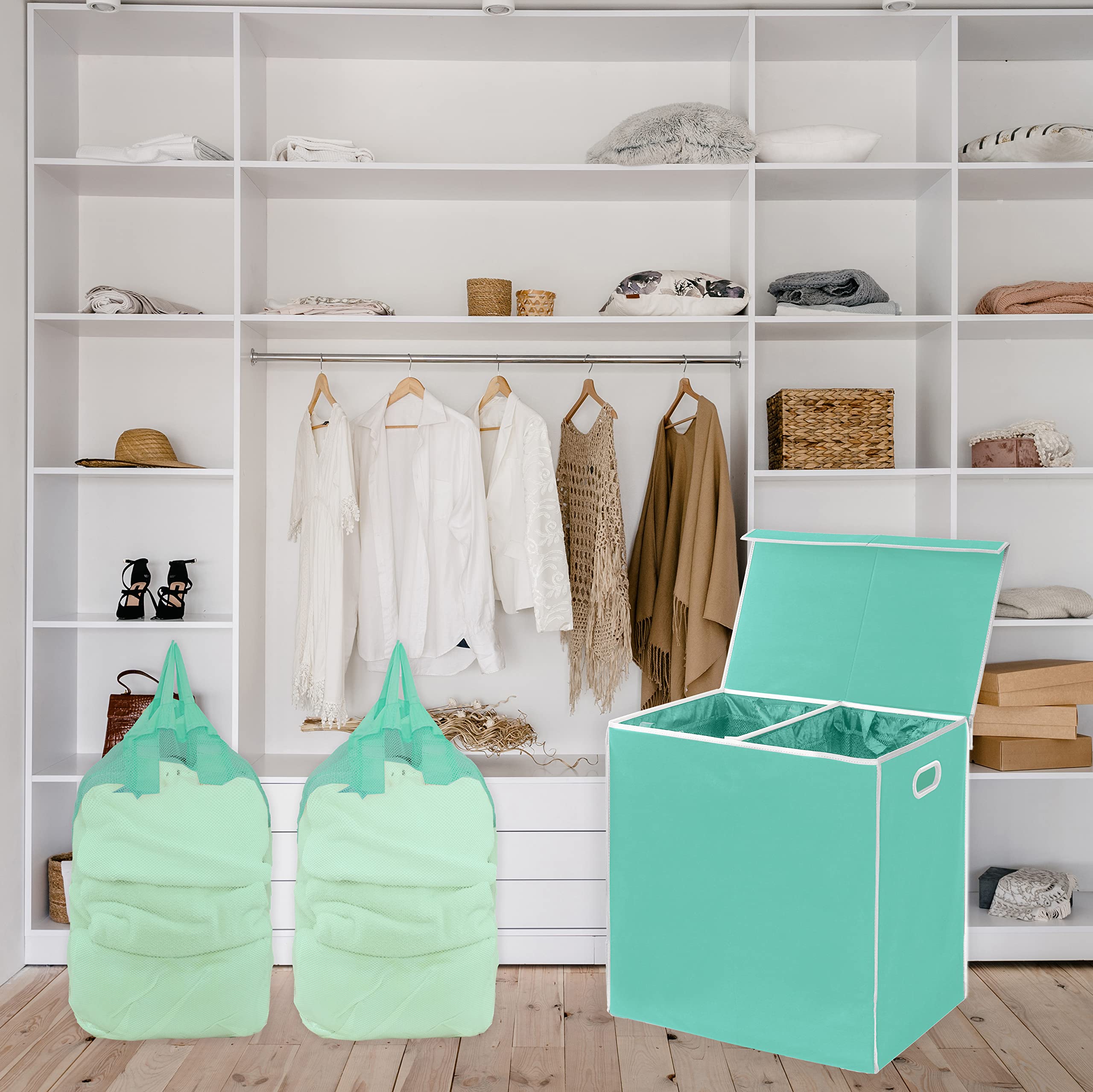 Simple Houseware Double Laundry Hamper With Lid And Removable Bags, Turquoise