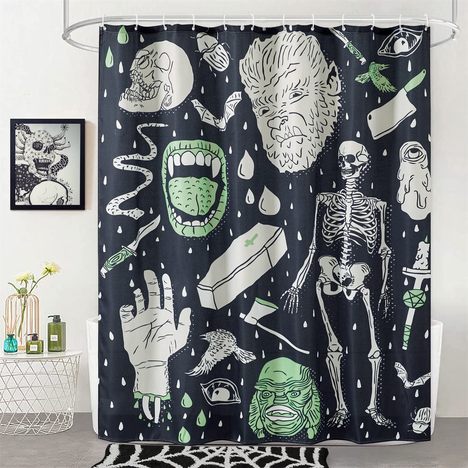 Estmy Vintage Halloween Shower Curtain Set Black, Heavy Duty Waffle Fabric, Creepy Gothic Skeleton Skulls Bats Fun Cute Hallowee