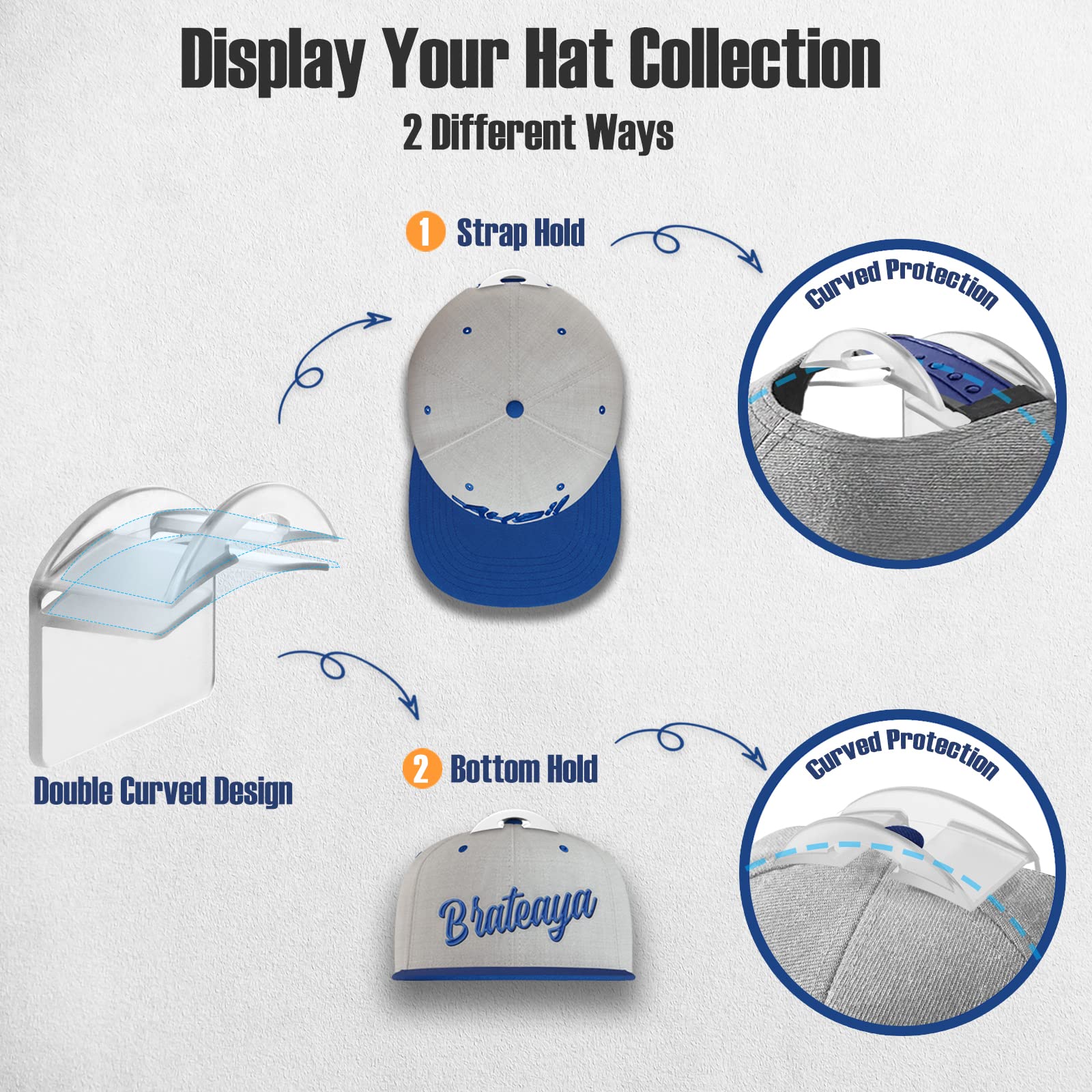 Brateaya Hat Hangers For Wall, No Drilling Caps Holder Organizer, Adhesive Hat Hooks For Hanging Hats, Wall Mounted Hat Rack For