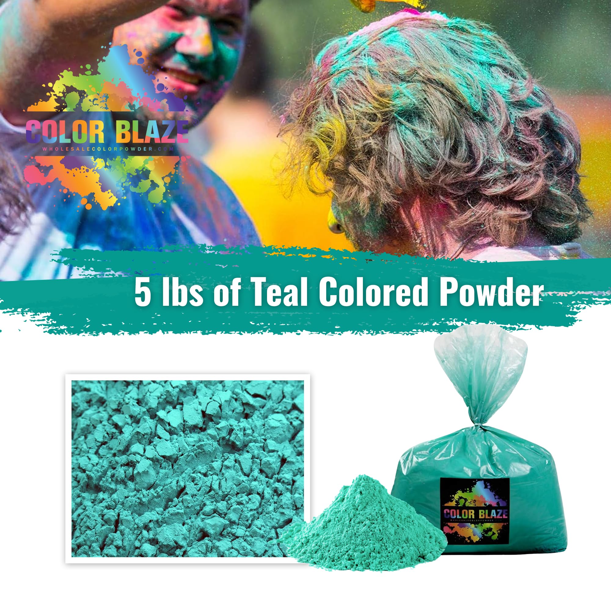 Color Blaze Holi Colored Powder - 5 Lbs Of Teal Powdered Color - For Fun Runs, Color Toss, Rangoli, Powder War, Backyard Party &