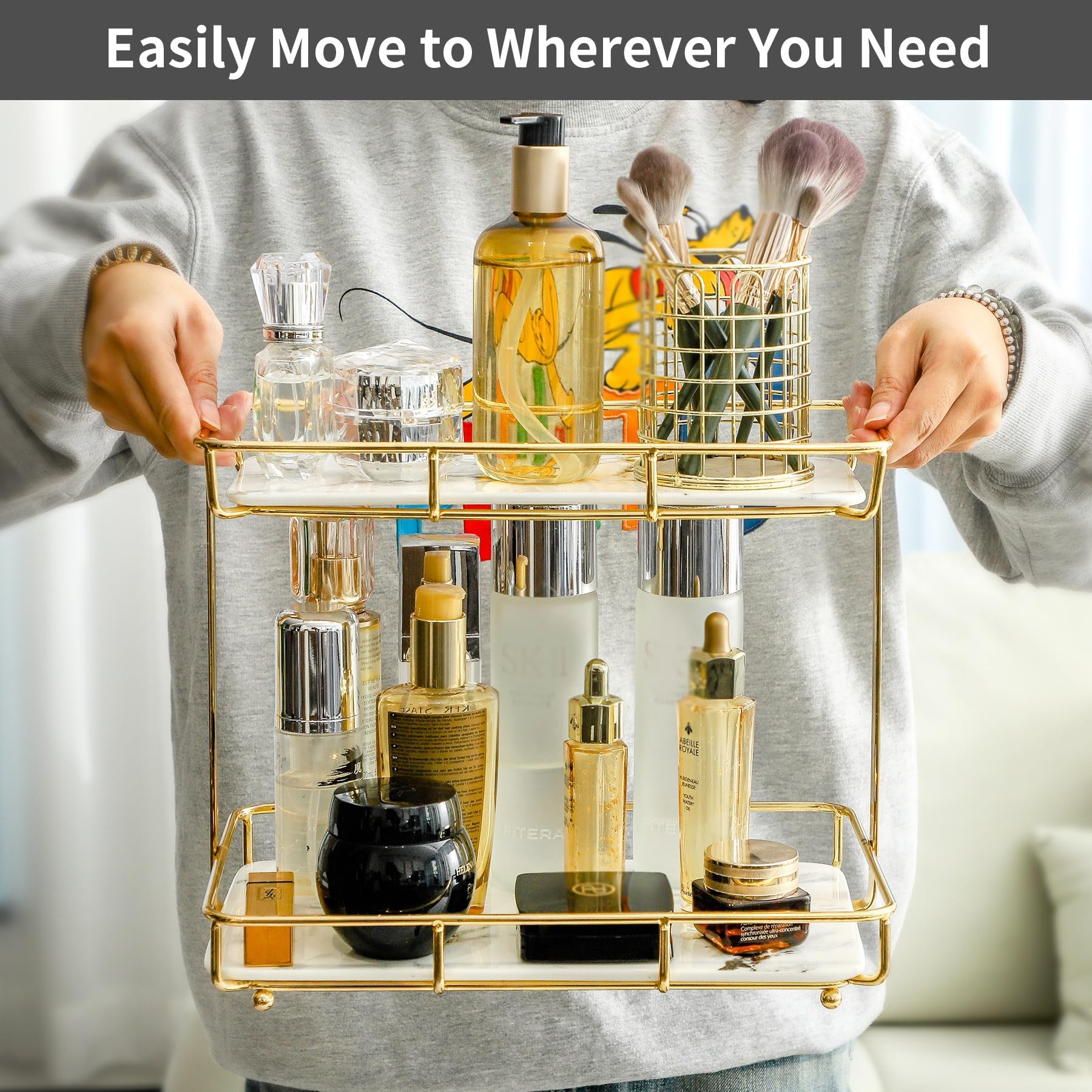 Dobbyby Bathroom Organizer Countertop Perfume Organizer Makeup Organizer Cosmetics Storage Display Rack 2 Tier Vanity Tray Dresser Stainless Steel Gold Shelf White Marble Print Ceramic Tray L