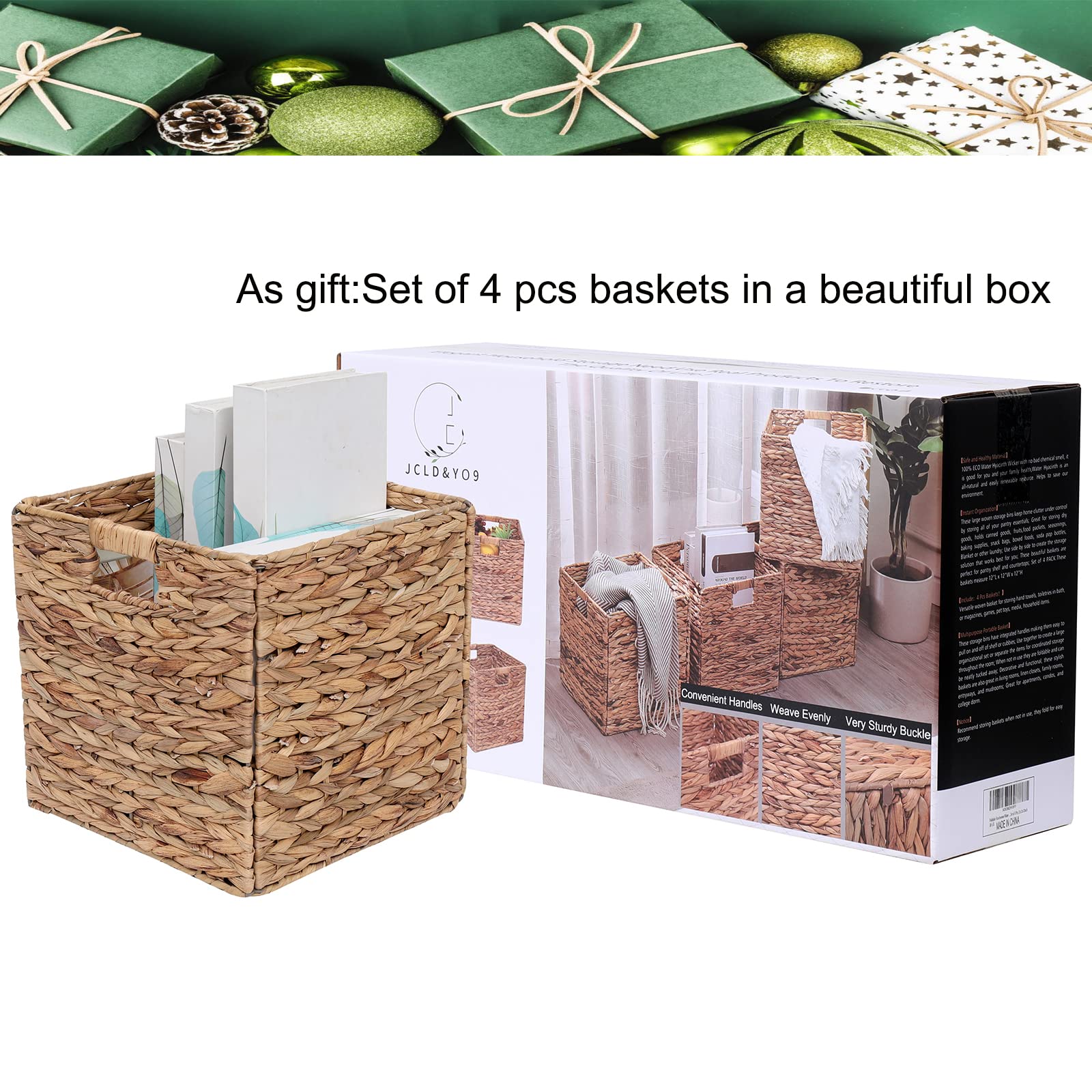 Jcld&Yo9 Foldable Handwoven Water Hyacinth Storage Baskets Wicker Cube Baskets Rectangular Laundry Organizer Totes,Set Of 4 Pcs,