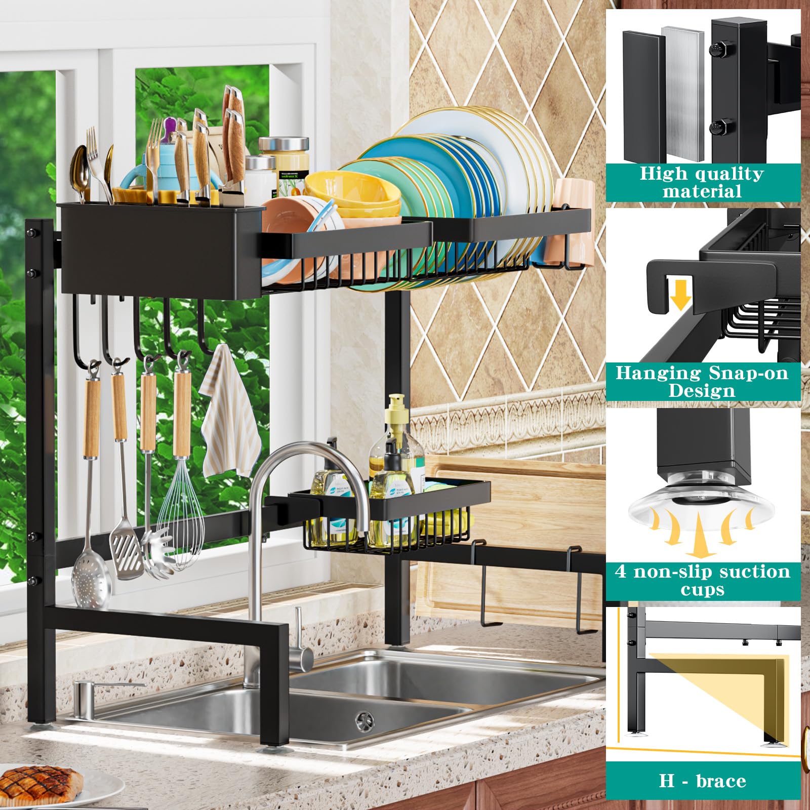Yklslh Over The Sink Dish Drying Rack 2 Tiers, For All Sinks (24.8-35.4),Expandable Large Capacity Sink Rack, Metal Drying R