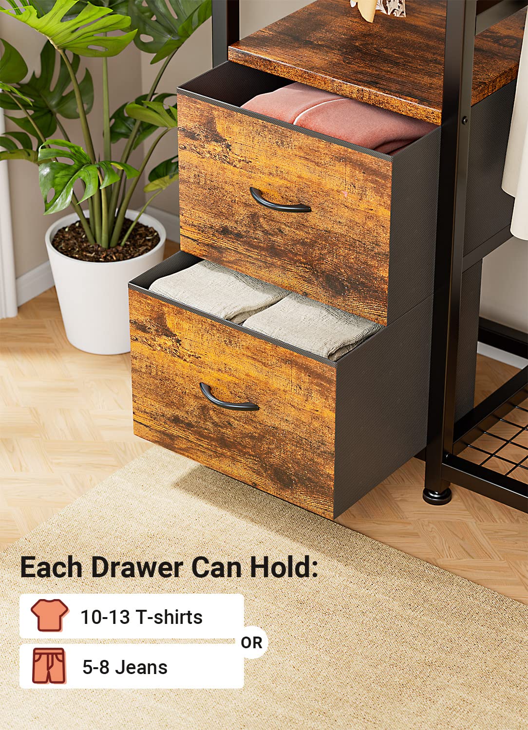 Lulive Clothes Rack, Heavy Duty Garment Rack For Hanging Clothes, Industrial Clothing Racks With Shelves, 2 Fabric Drawers, 4 Ho