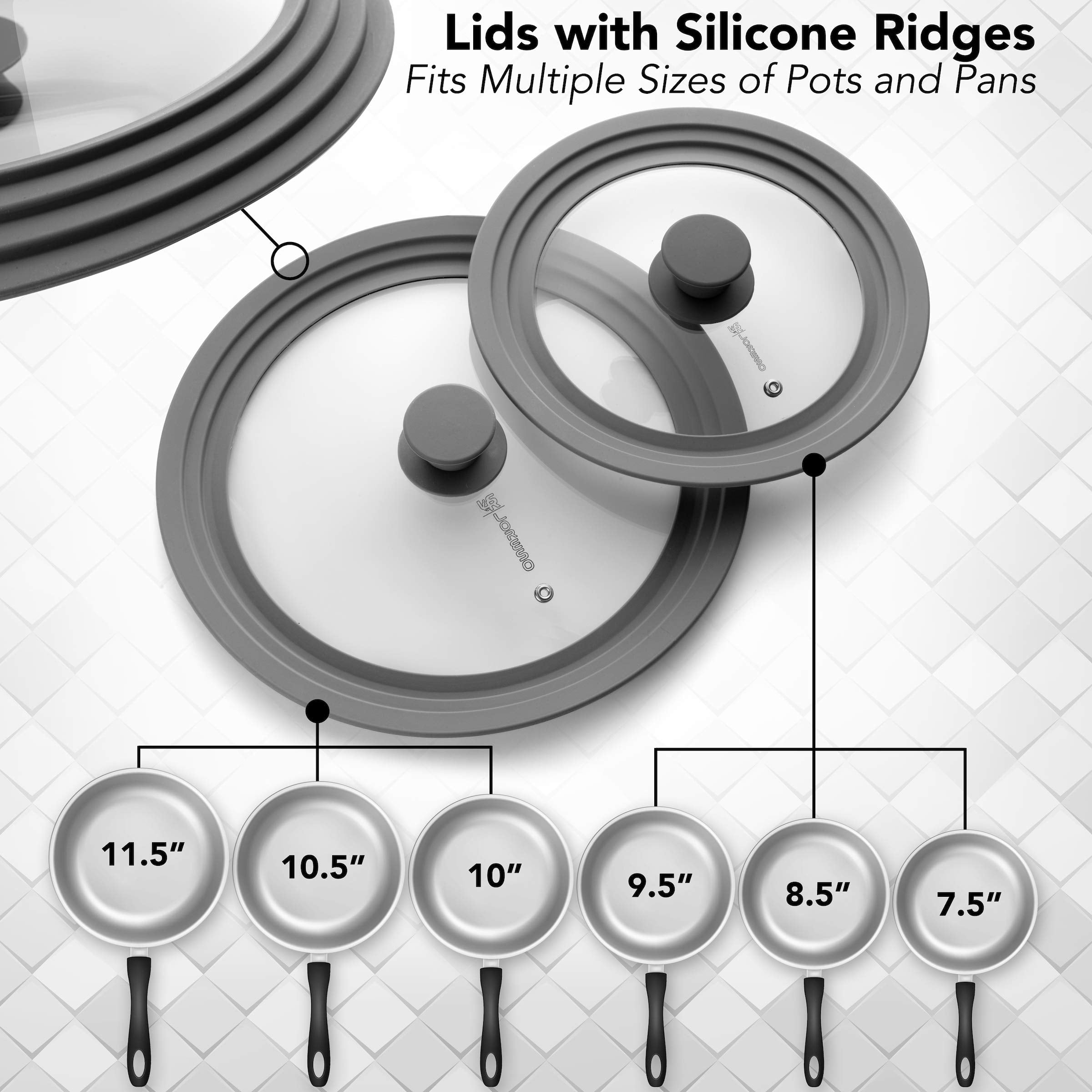 Universal Silicone Glass Lid Set For Pots Pans & Skillet Size 7, 7.5, 8, 8.5, 9, 9.5,10, 10.5,11 & 11.5 '' Inches Tempered Glass