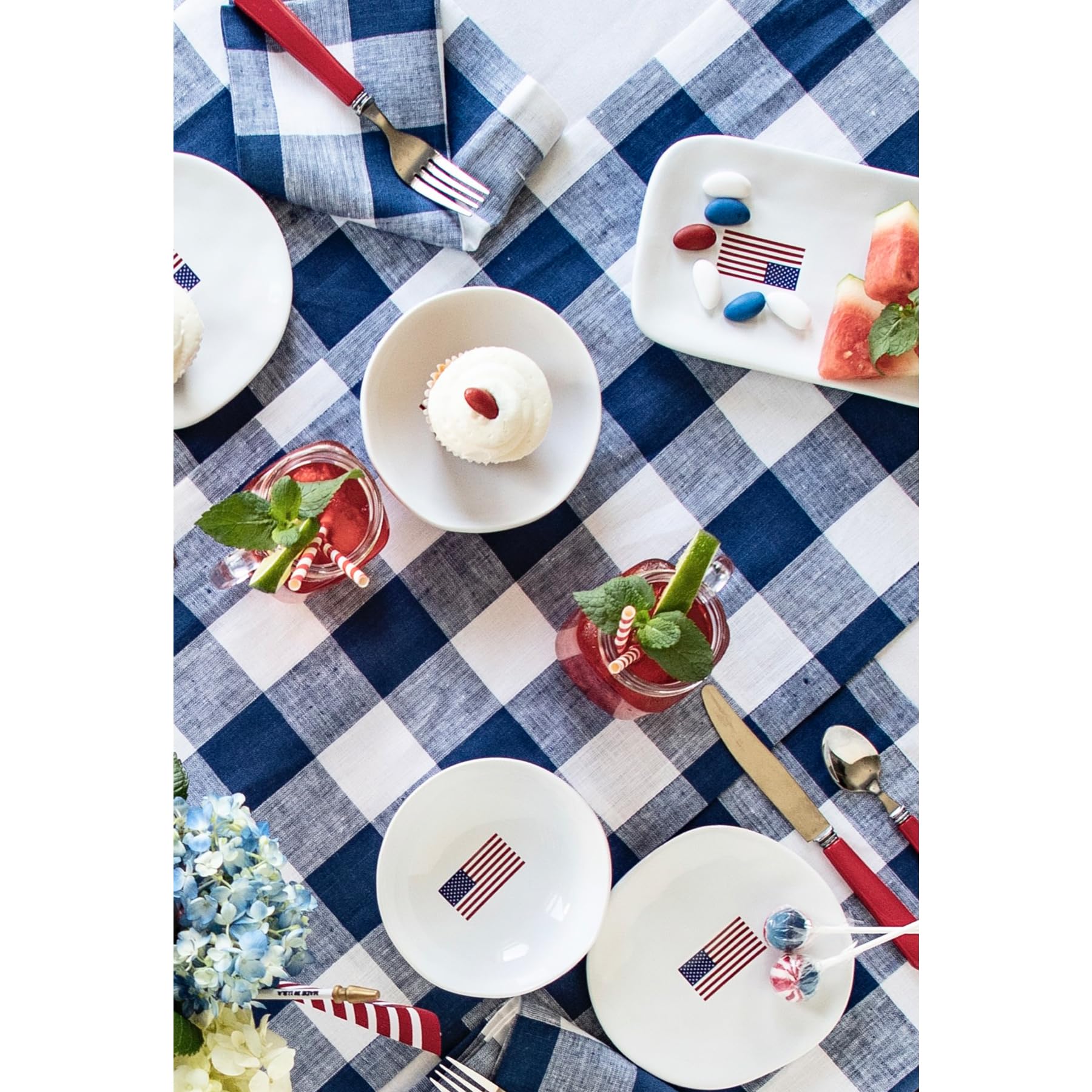 Solino Home Buffalo Check Linen Tablecloth 120'' L X 60'' W Inch - 100% Pure Linen Blue And White Table Cloth For Rectangle Tabl