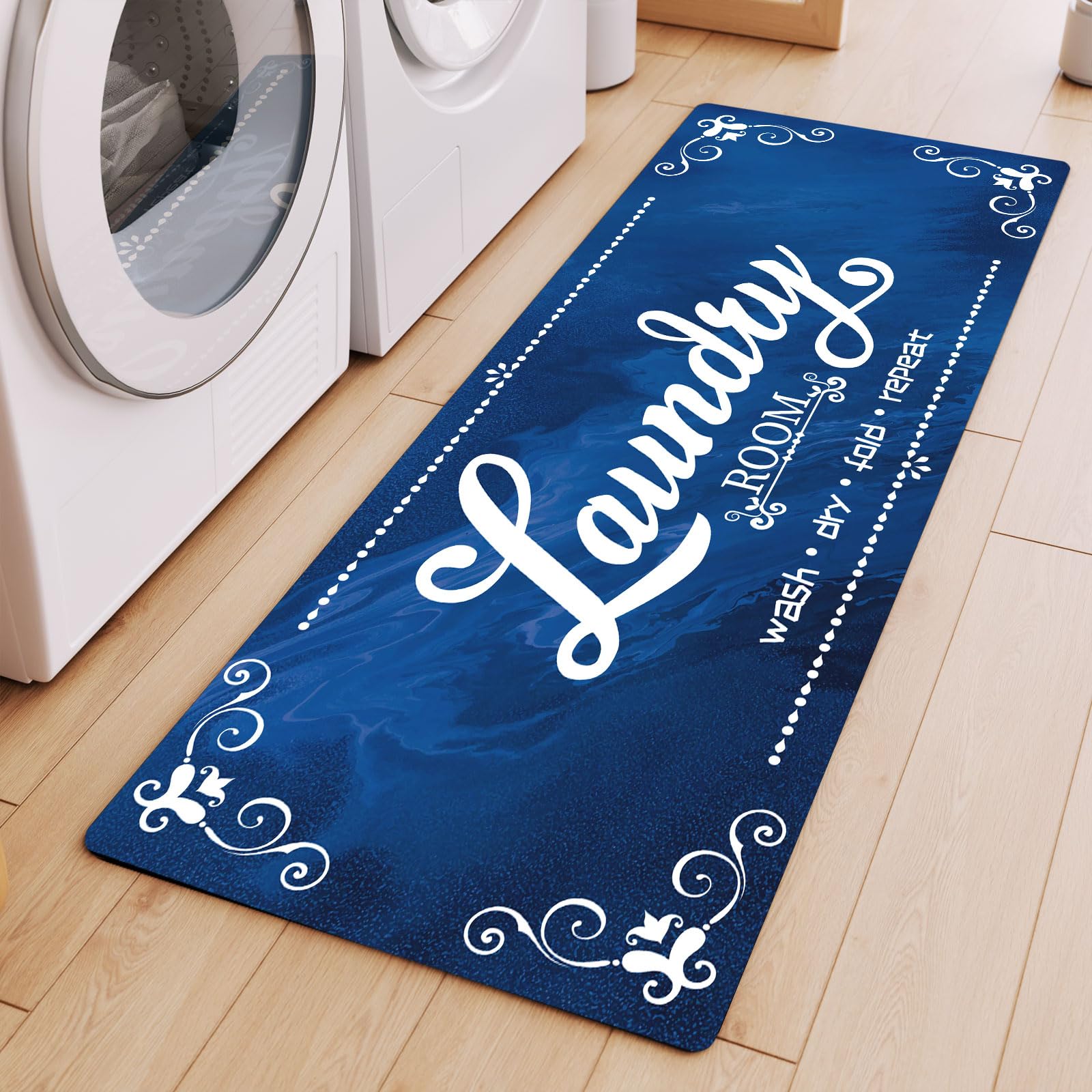 Laundry Room Rug Runner, 17.7x45 Non Slip Navy Blue Laundry Rugs, Farmhouse Washable Floor Laundry Mats for Laundry Room, Mudroo