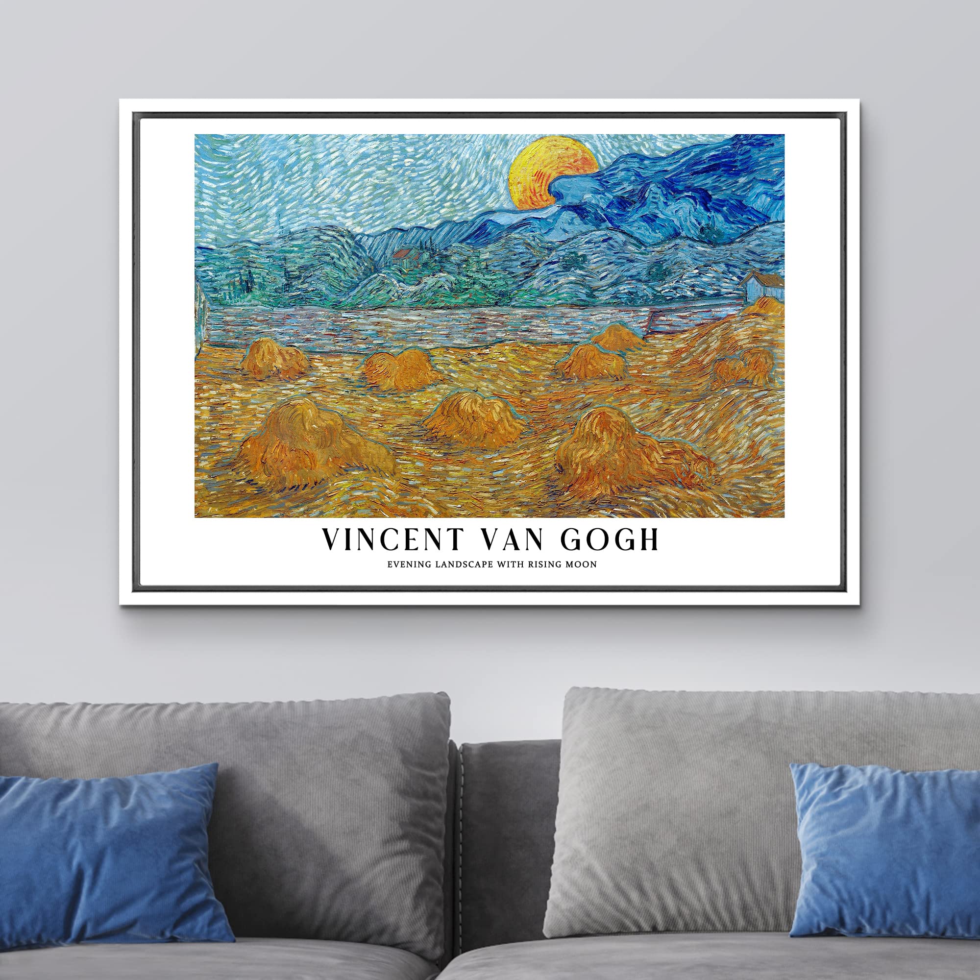 Wall26 Framed Canvas Print Wall Art Evening Landscape & Rising Moon By Van Gogh Historic Classical Illustrations Fine Art Decora