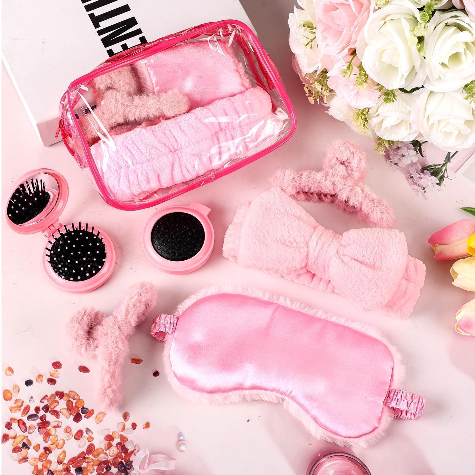 YLOLUL 30 Pcs Spa Sleepover Party Supplies for Girls Makeup Party Favor with Headband Clear Cosmetic Bags Eye Masks Sleepover Te