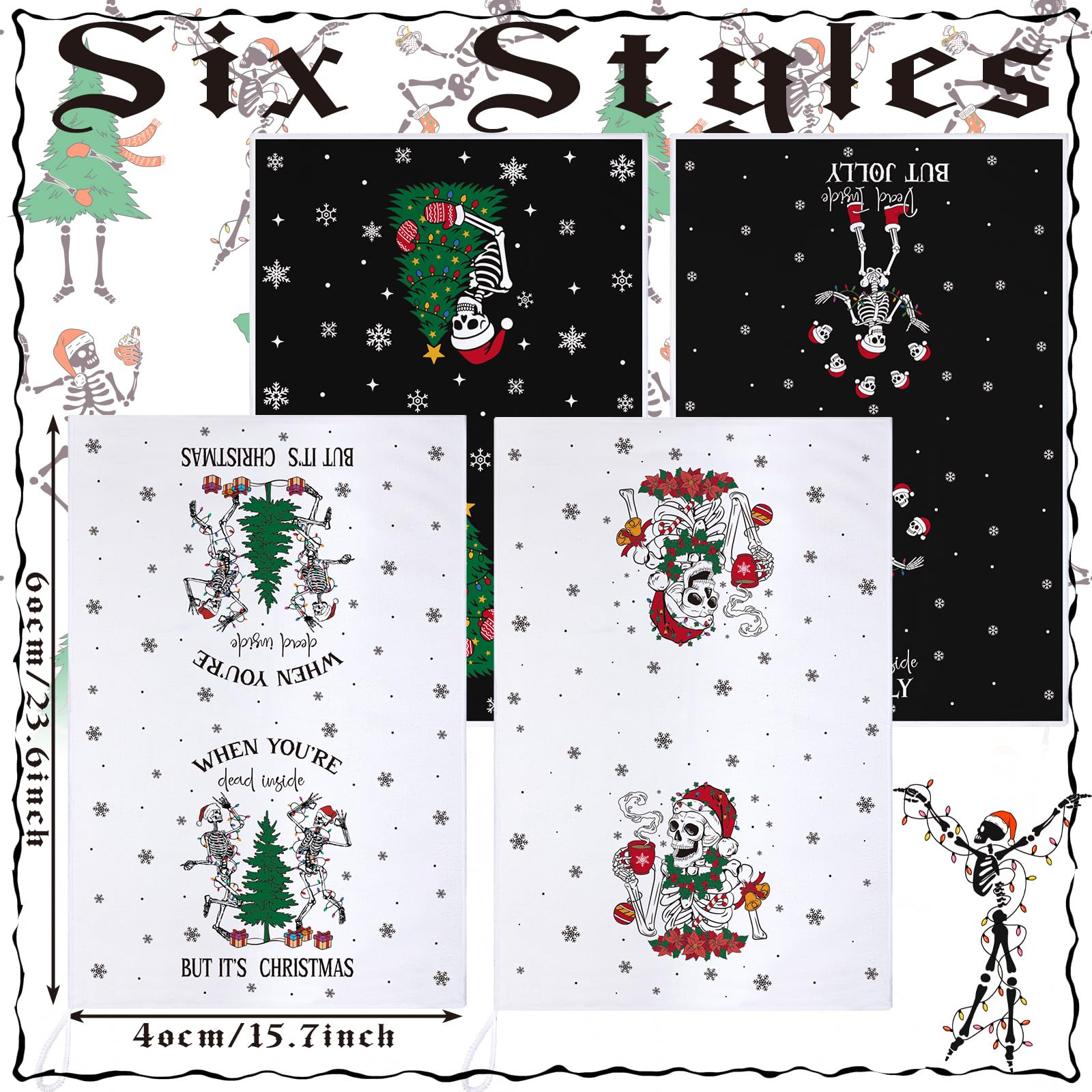 Bencailor 6 Pcs Christmas Skull Kitchen Towels Gothic Spooky Christmas Dish Hand Towels Funny Skeleton Xmas Tree Tea Washcloth f