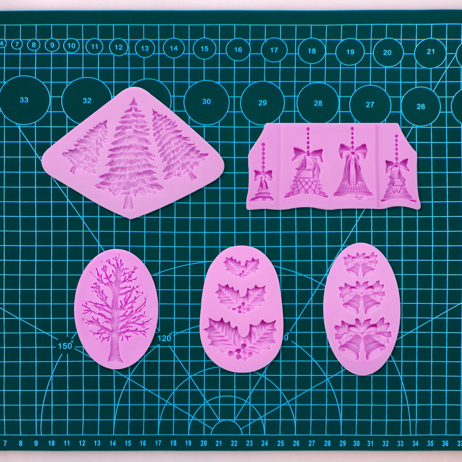 Pine Tree Silicone Mold, Christmas Bells Fondant Molds, Holly Leaves Chocolate Baking Mold For Christmas Theme Cake Decoration C