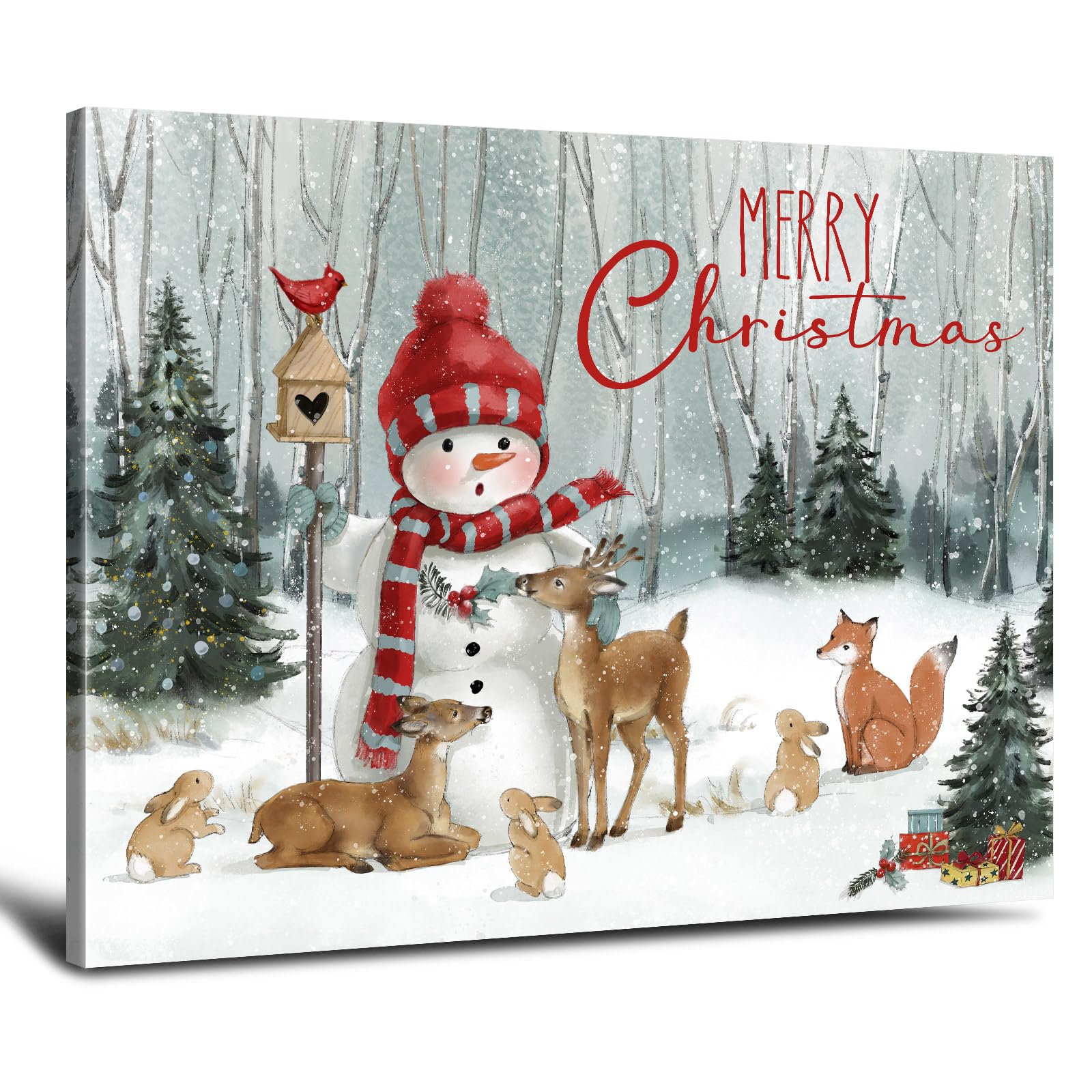 Winter Snowman Christmas Wall Art: Christmas Canvas Wall Decor Deer Rabbit Animal Pictures Prints Xmas Holiday Decorations For B