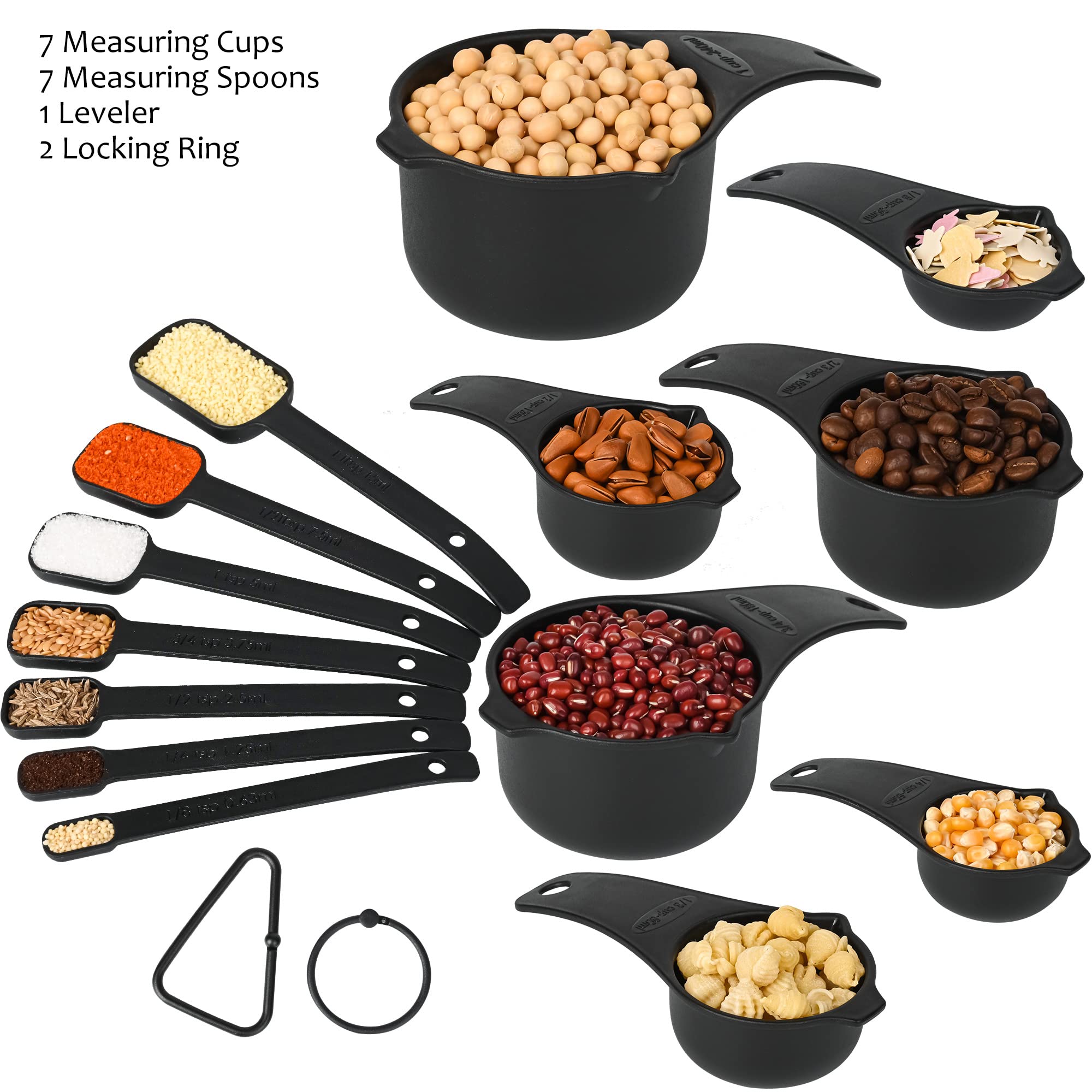 Spuvgvc Plastic Measuring Cups And Spoons Set,Black Dry Measuring Cups Set With Spout And Leveler For Kitchen And Baking, Bpa Fr
