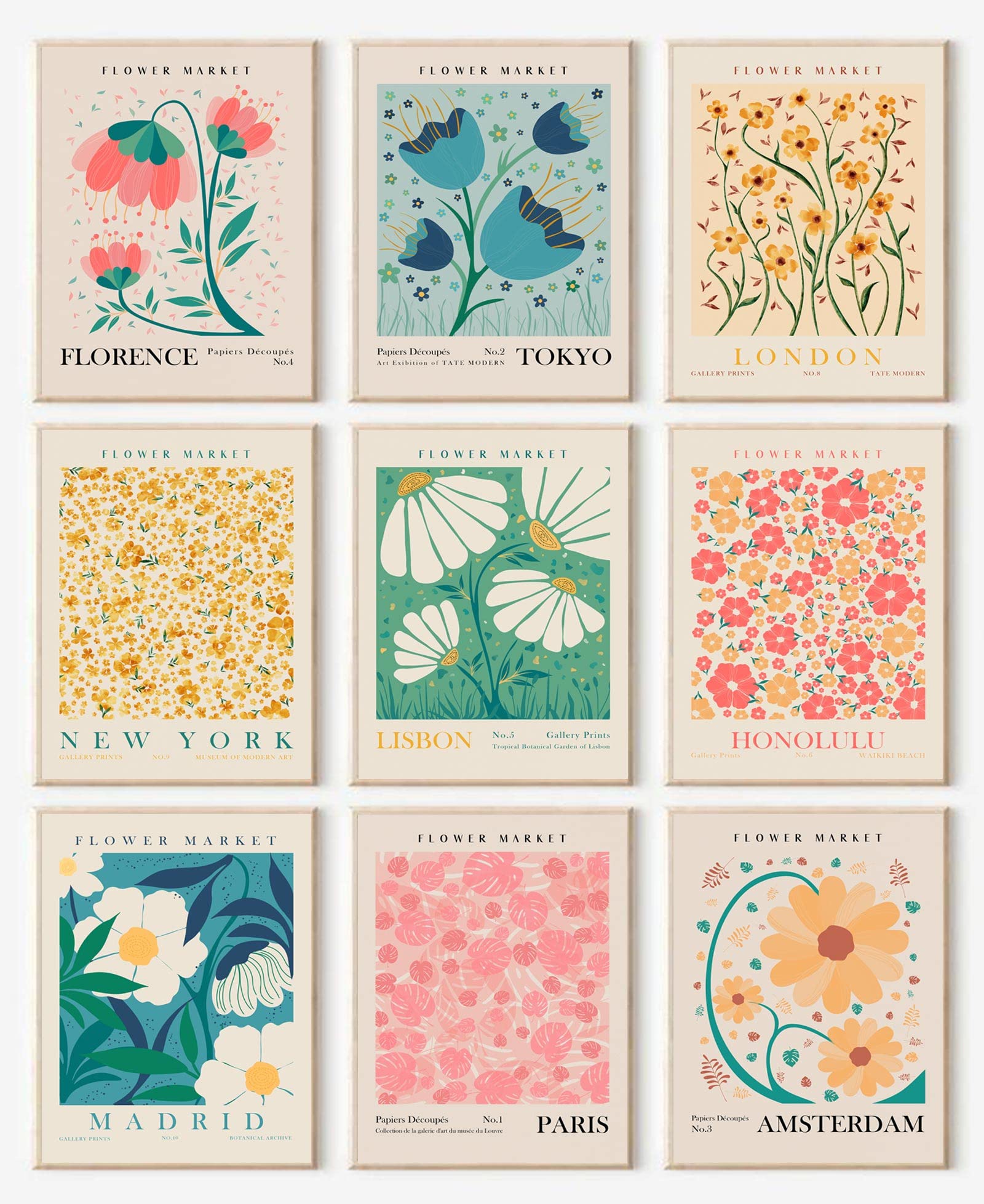Flower Market Poster Set Of 9, Abstract Flower Market Wall Art Prints, Vintage Colorful Floral Wall Art Decor, Minimalist City &