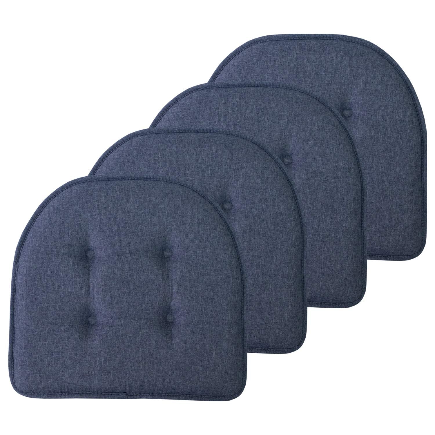 Sweet Home Collection Chair Cushion Memory Foam Pads Tufted Slip Non Skid Rubber Back U-Shaped 17 x 16 Seat Cover, Denim Blue 4 